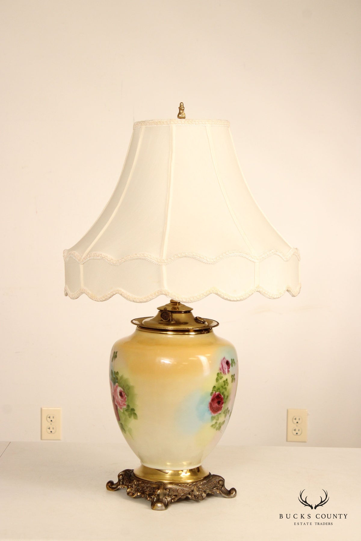 French Style Painted Porcelain and Brass Table Lamp