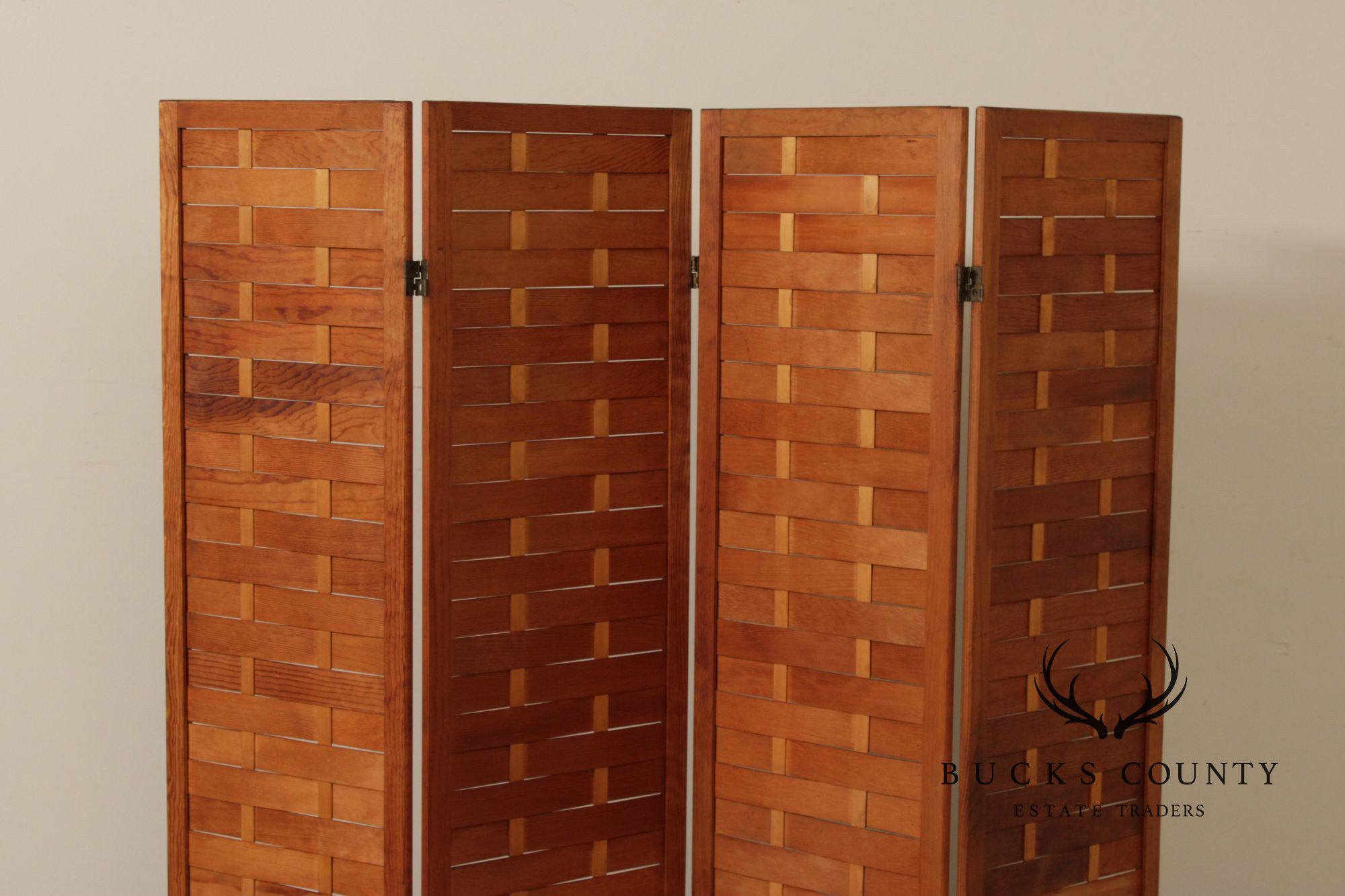 Mid Century Modern Woven Wood Four-Panel Screen