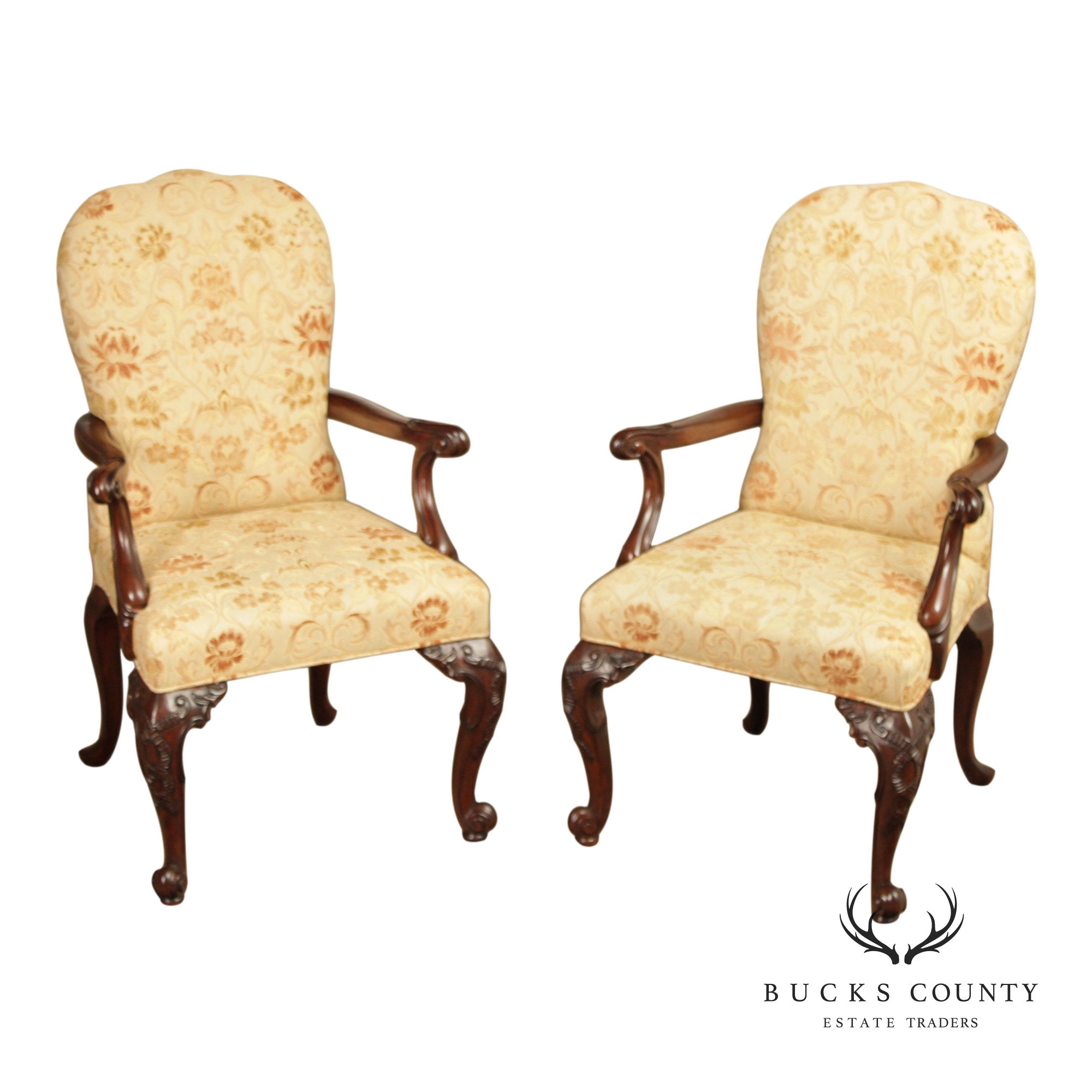 Henredon Scroll and Floral Upholstered Cabriole Leg Armchairs