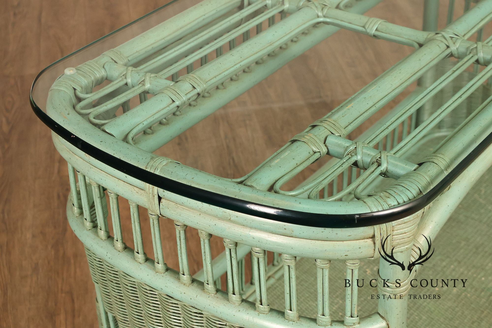 Boho Chic Glass Top Painted Rattan Glass Top Console Table