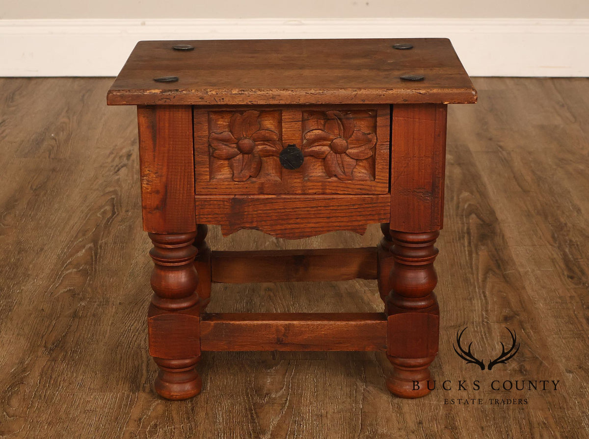 Vintage Spanish Colonial Revival Carved Wood One-Drawer Side Table