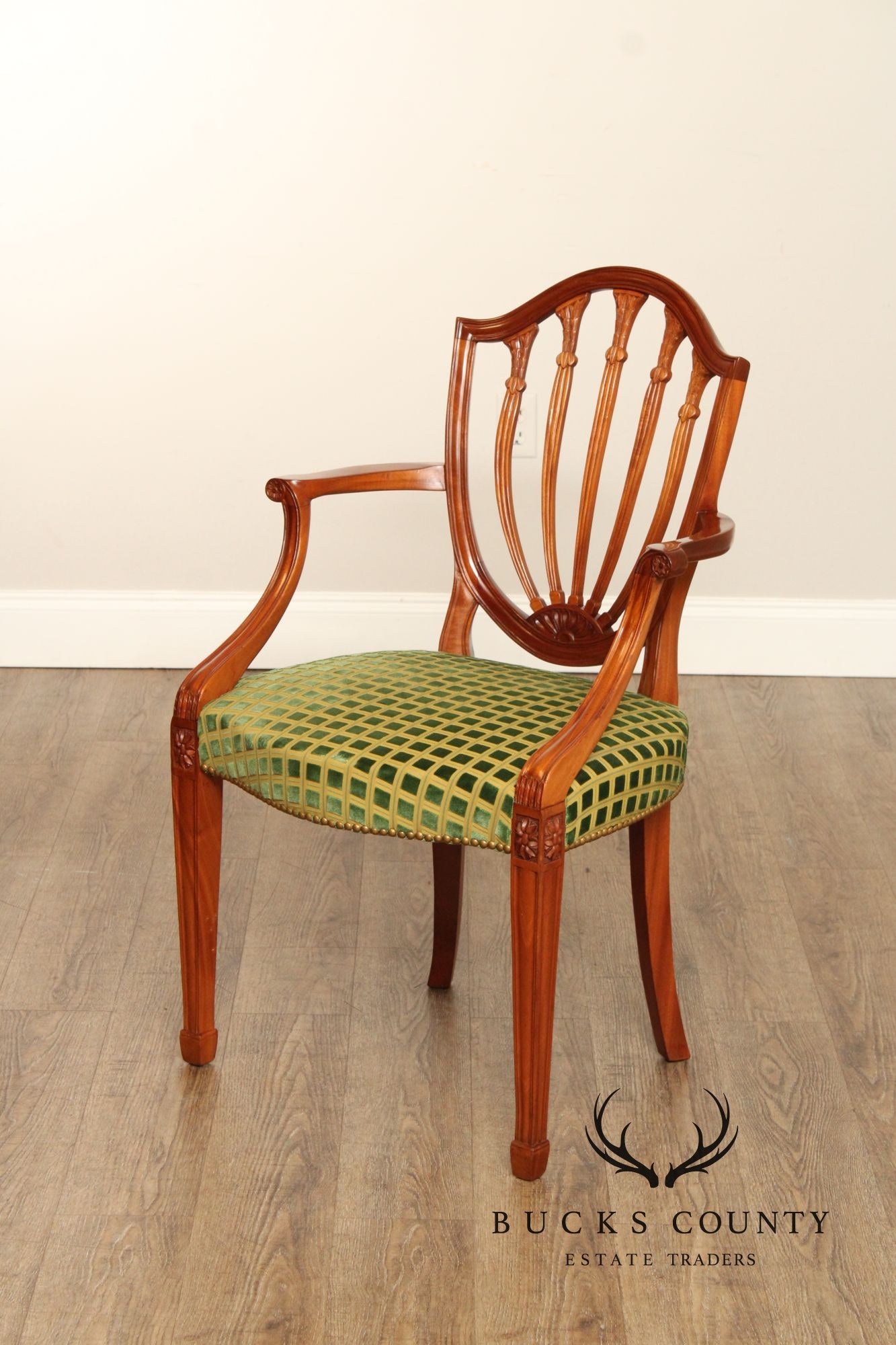 Hepplewhite Style Set of Four Carved Mahogany Shield Back Dining Chairs