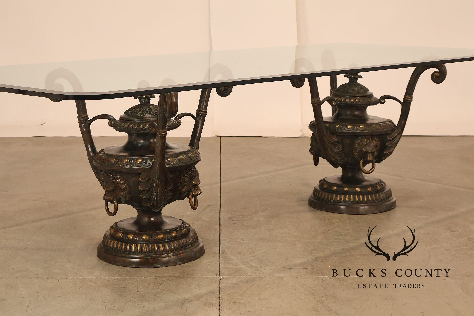 Monumental Brass Urn Form Double Pedestal Glass Top Dining Table