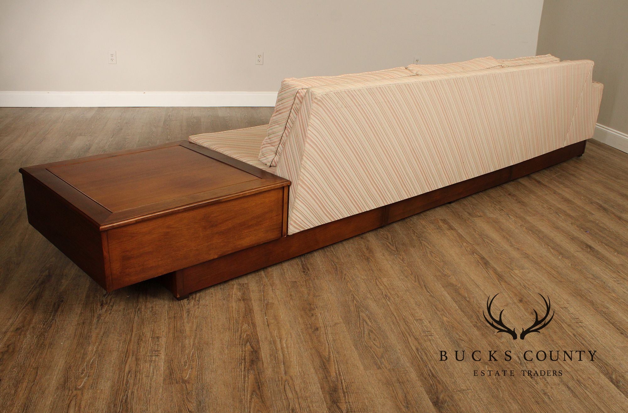 Mid-Century Modern Walnut Long Sofa With End Table