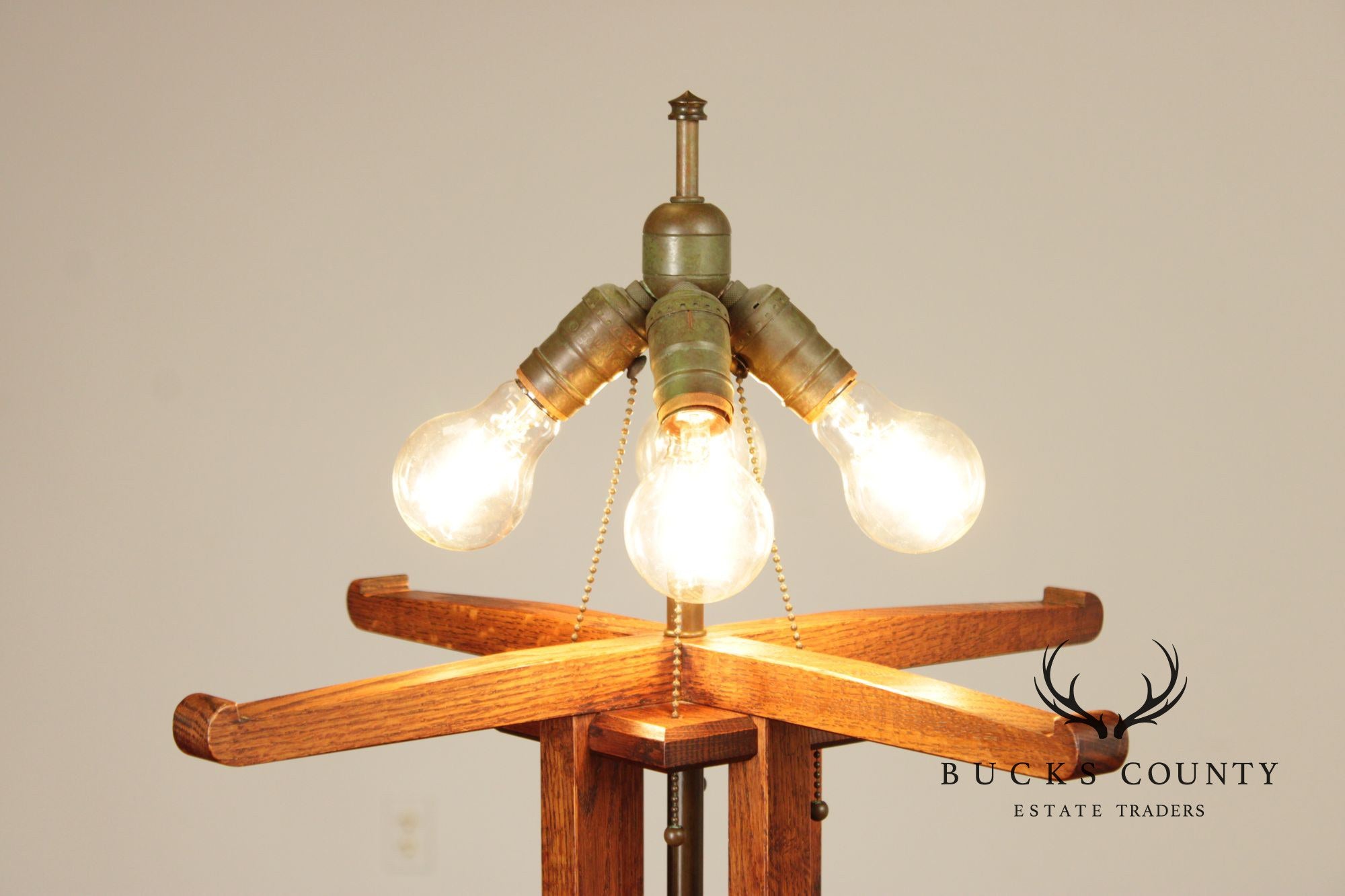 Pair Michael Adams – Aurora Studios Prairie School Oak & Stained Glass Floor Lamps