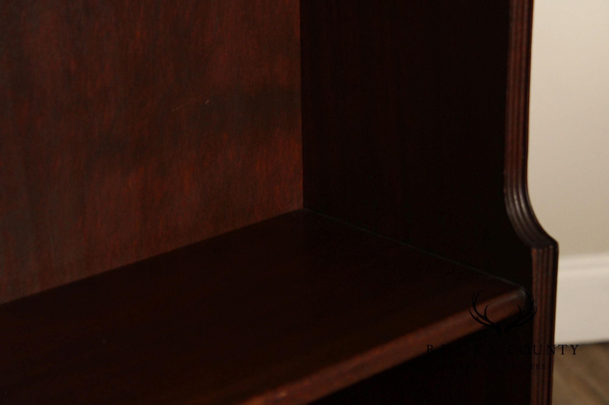 Vintage Georgian Style Narrow Mahogany Waterfall Open Bookcase With Drawer