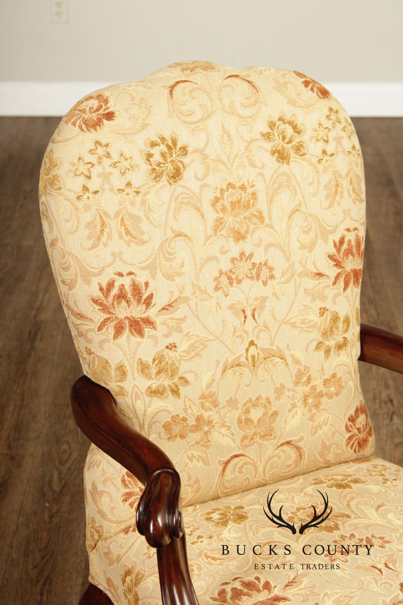 Henredon Scroll and Floral Upholstered Cabriole Leg Armchairs