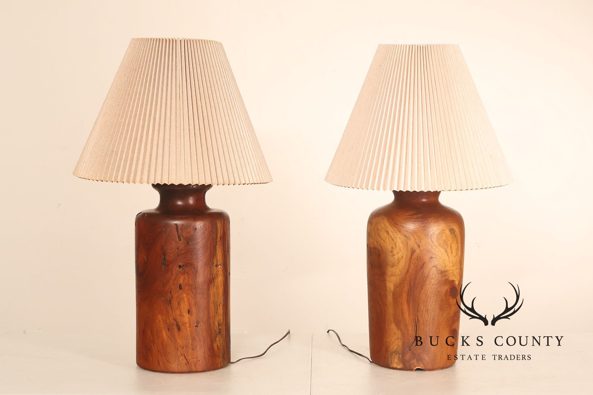 Organic Modern Mid Century Modern Pair of Turned Wood Table Lamps