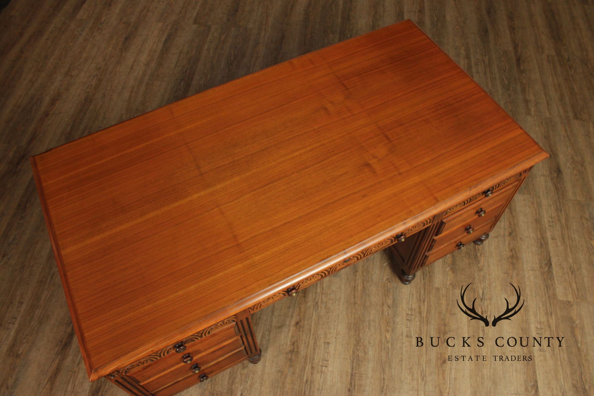 1930 Walnut Carved Pedestal Executive Desk with Pull-Out Writing Slides