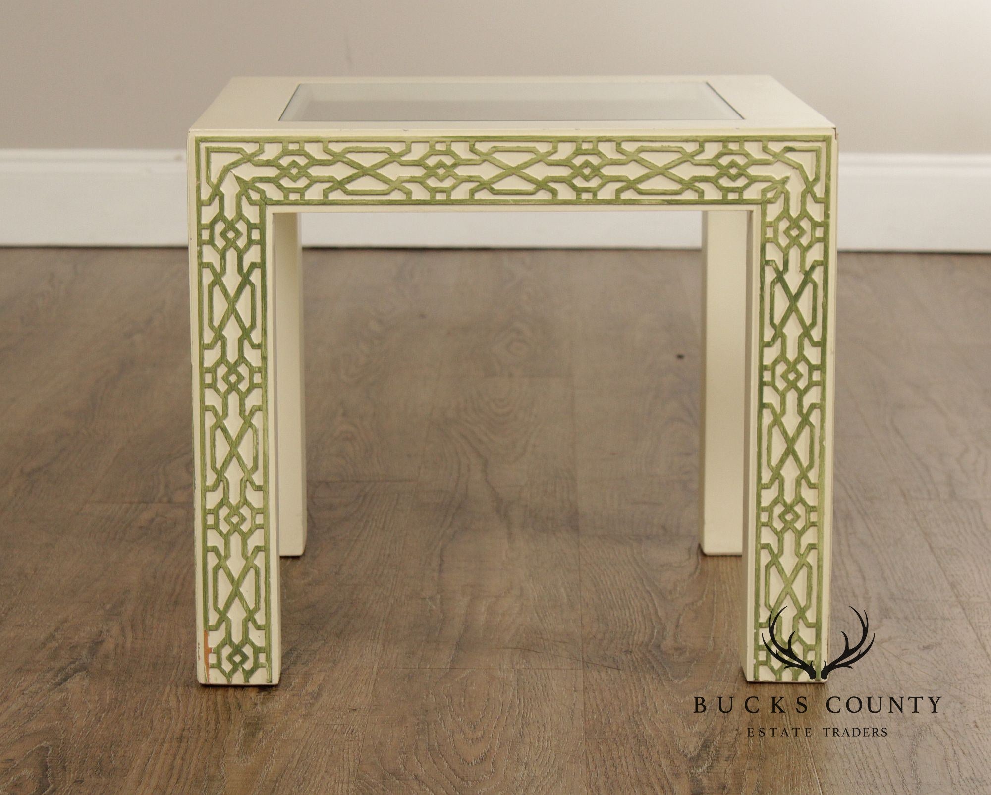 Hollywood Regency Pair Of Lacquered Greek Key Glass Top End Tables