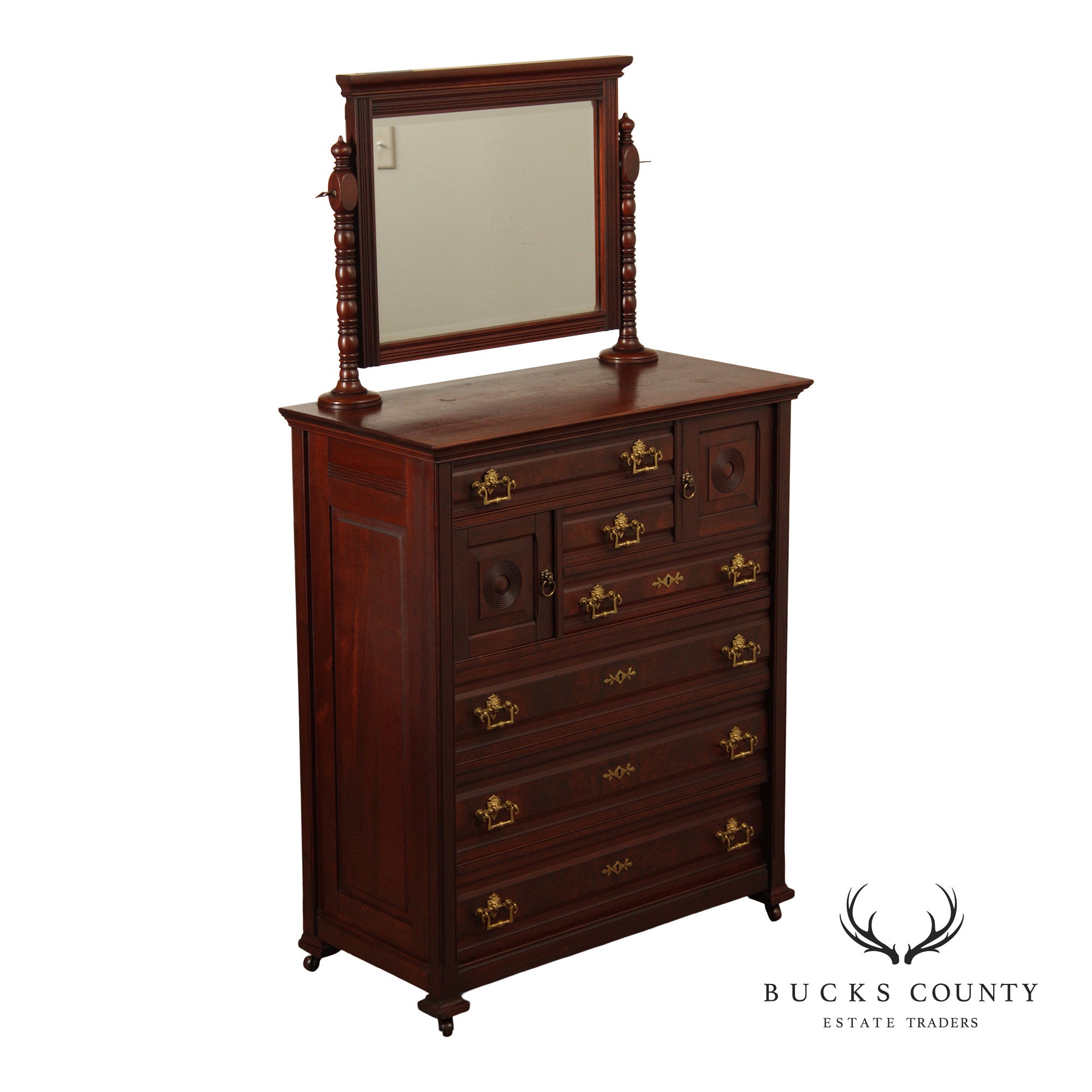 Antique Victorian Mahogany Bonnet Chest With Mirror