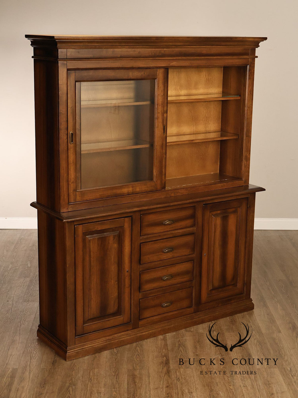 Arhaus Tuscan Italian Walnut Buffet With Sliding Glass Door Hutch