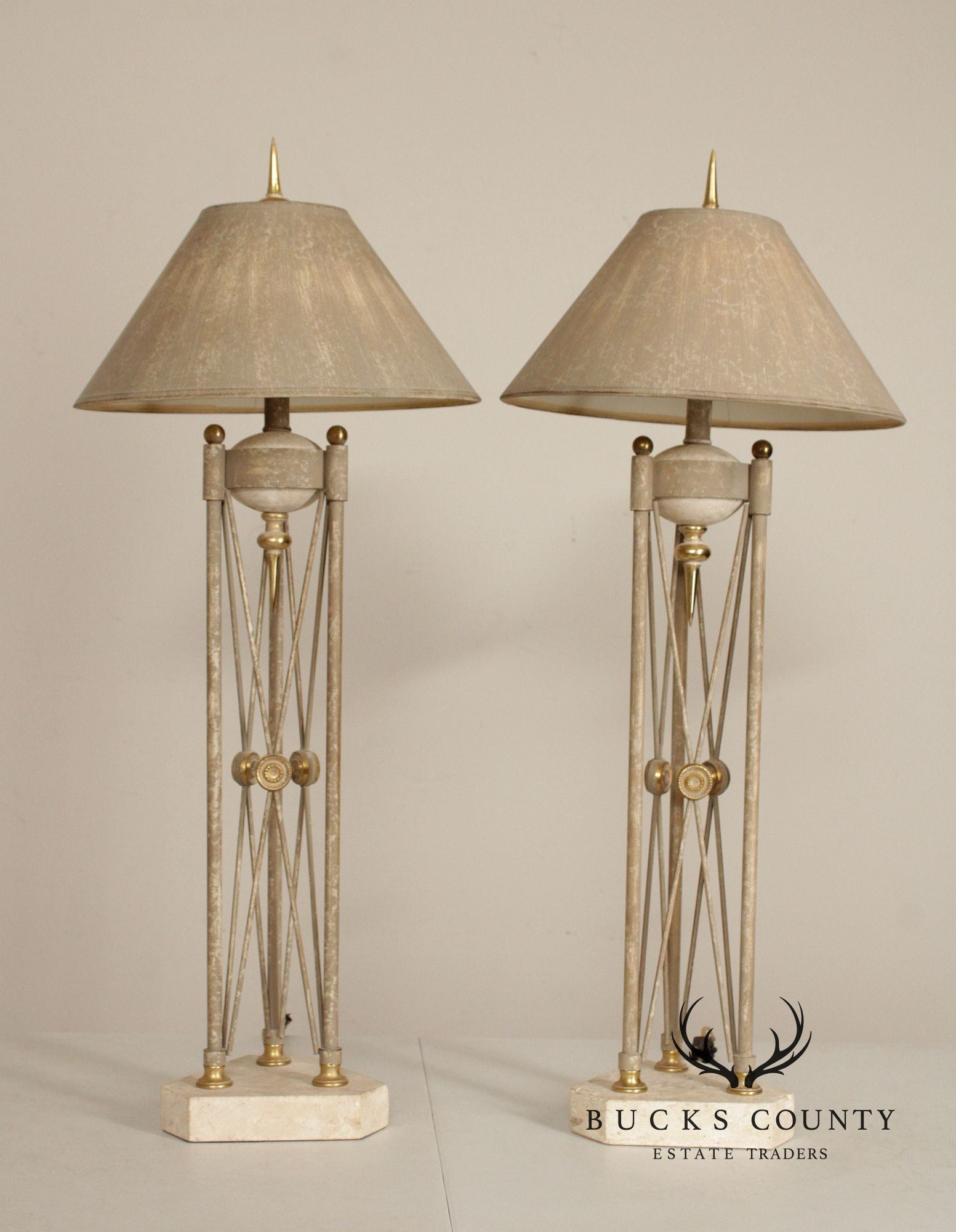 Neoclassical Style Pair of Travertine Table Lamps