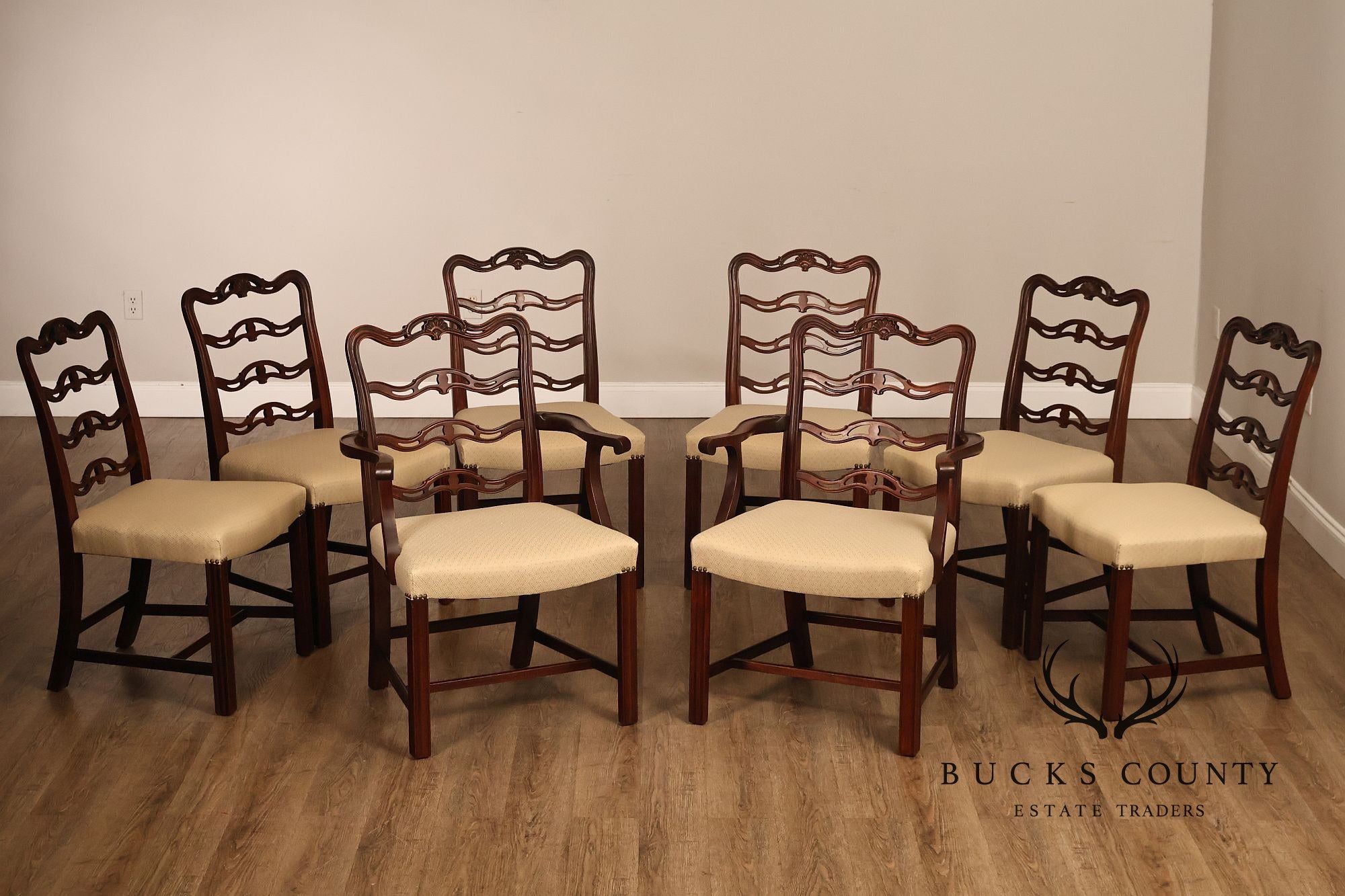 Chippendale Style Set of Eight Mahogany Ladder Back Dining Chairs