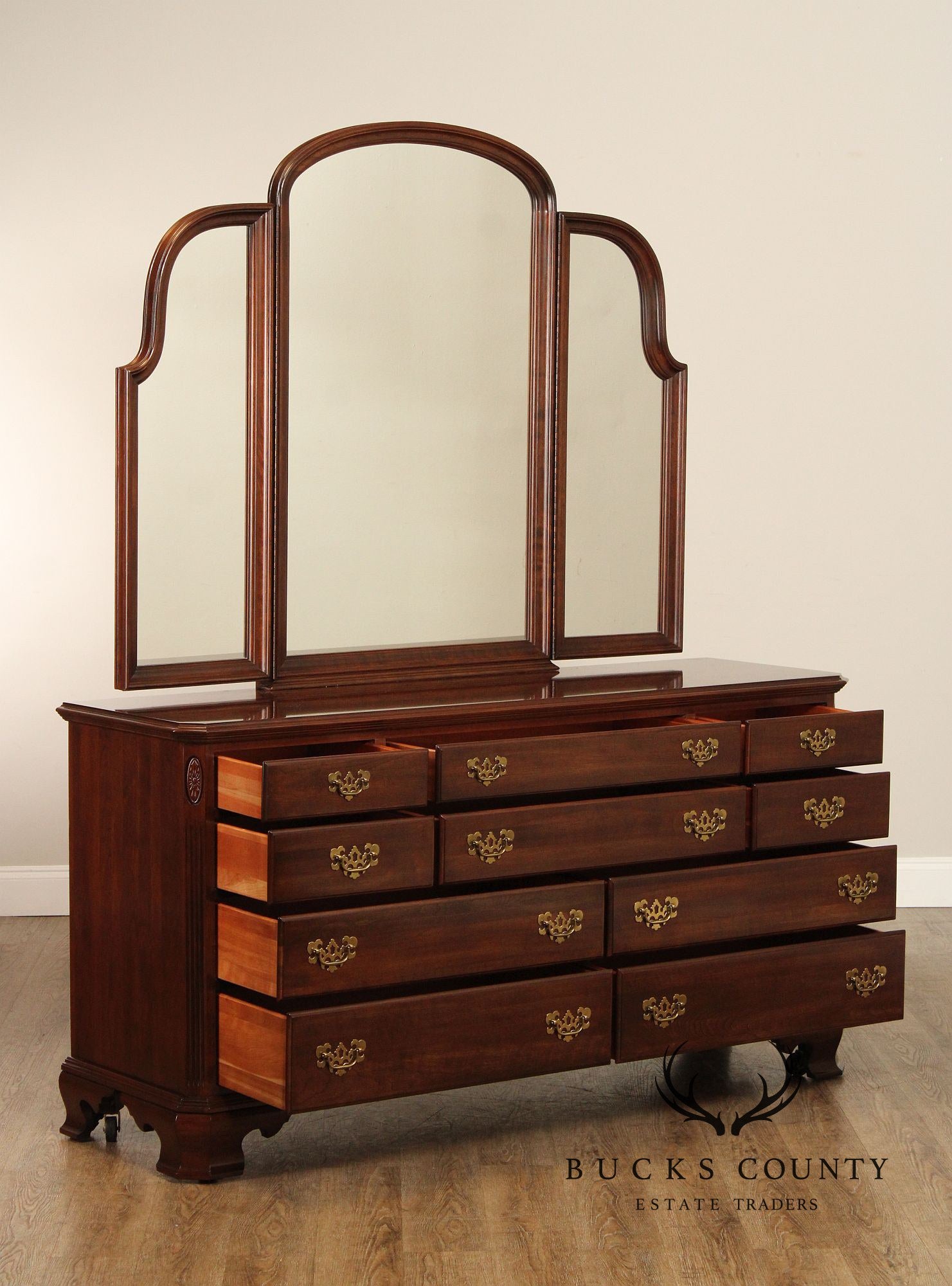 ETHAN ALLEN GEORGIAN COURT CHERRY DRESSER WITH TRI-FOLD MIRROR