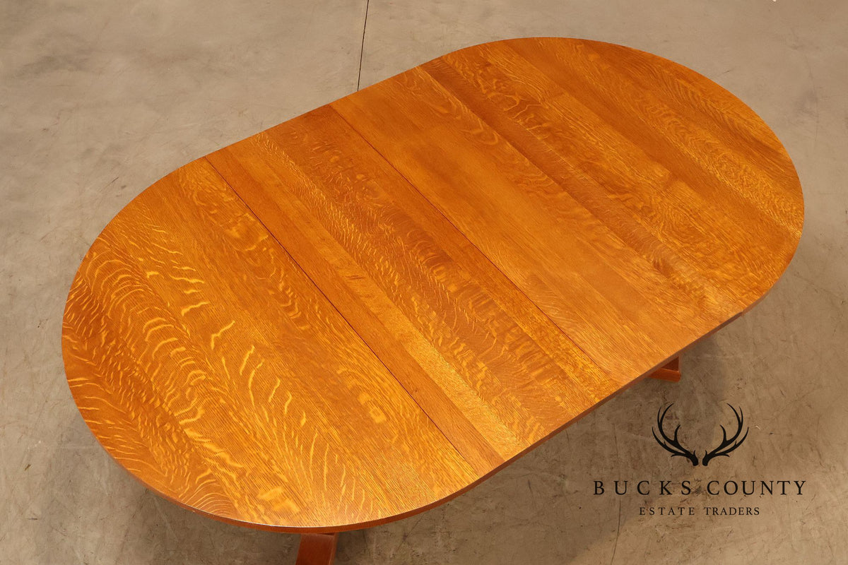 Stickley Mission Collection Round Oak Pedestal Dining Table With Two Leaves