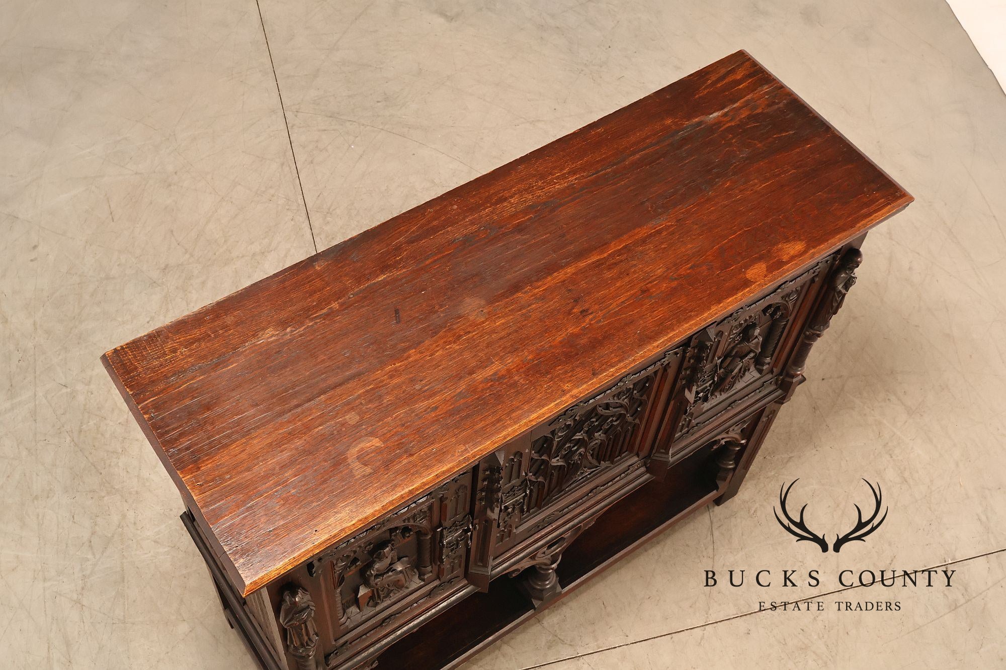 Antique Neo-Gothic Carved Oak Sideboard Server With Figural Panels
