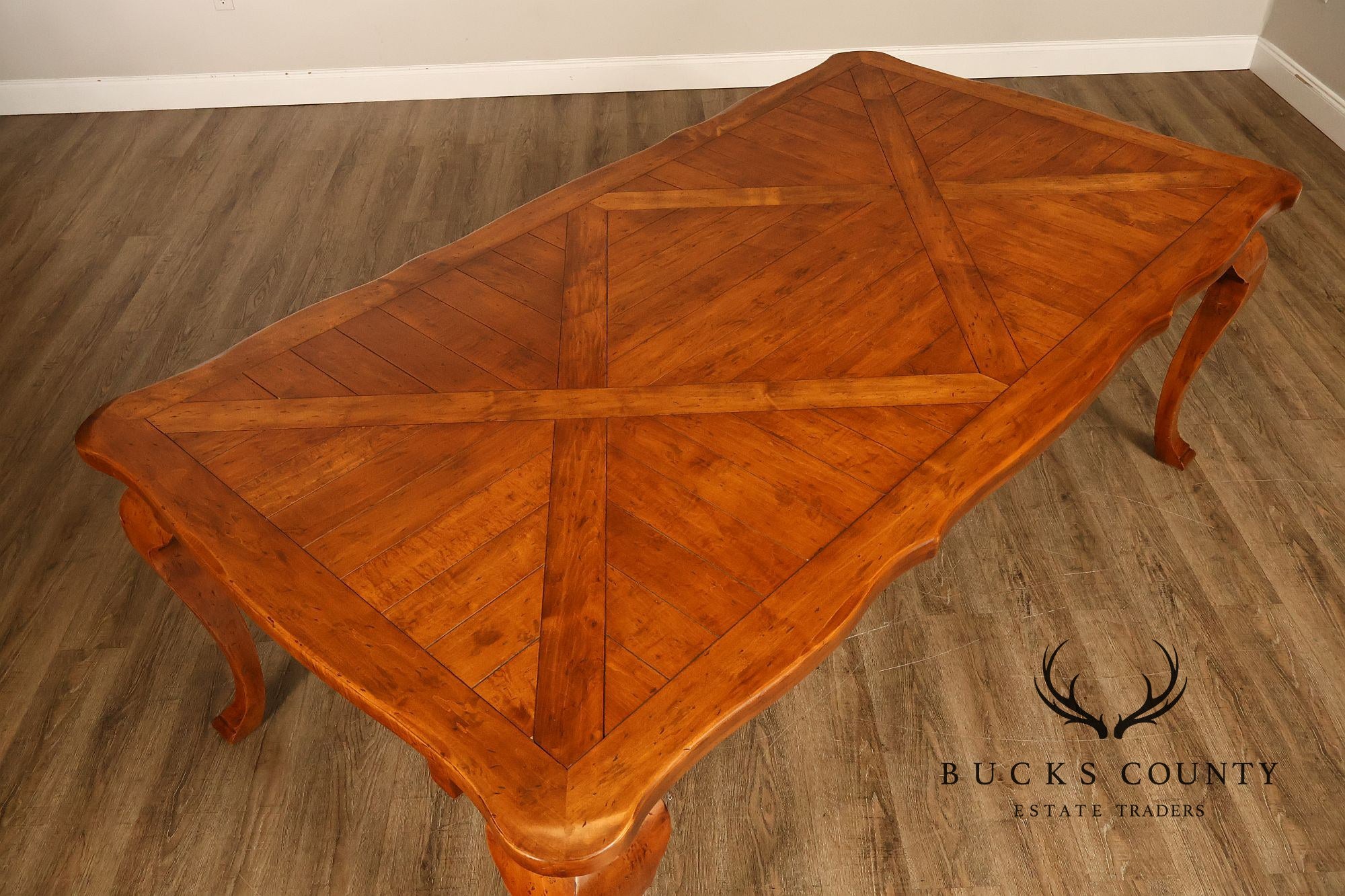French Provincial Style Parquetry Top Dining Table with Scalloped Apron and Cabriole Legs