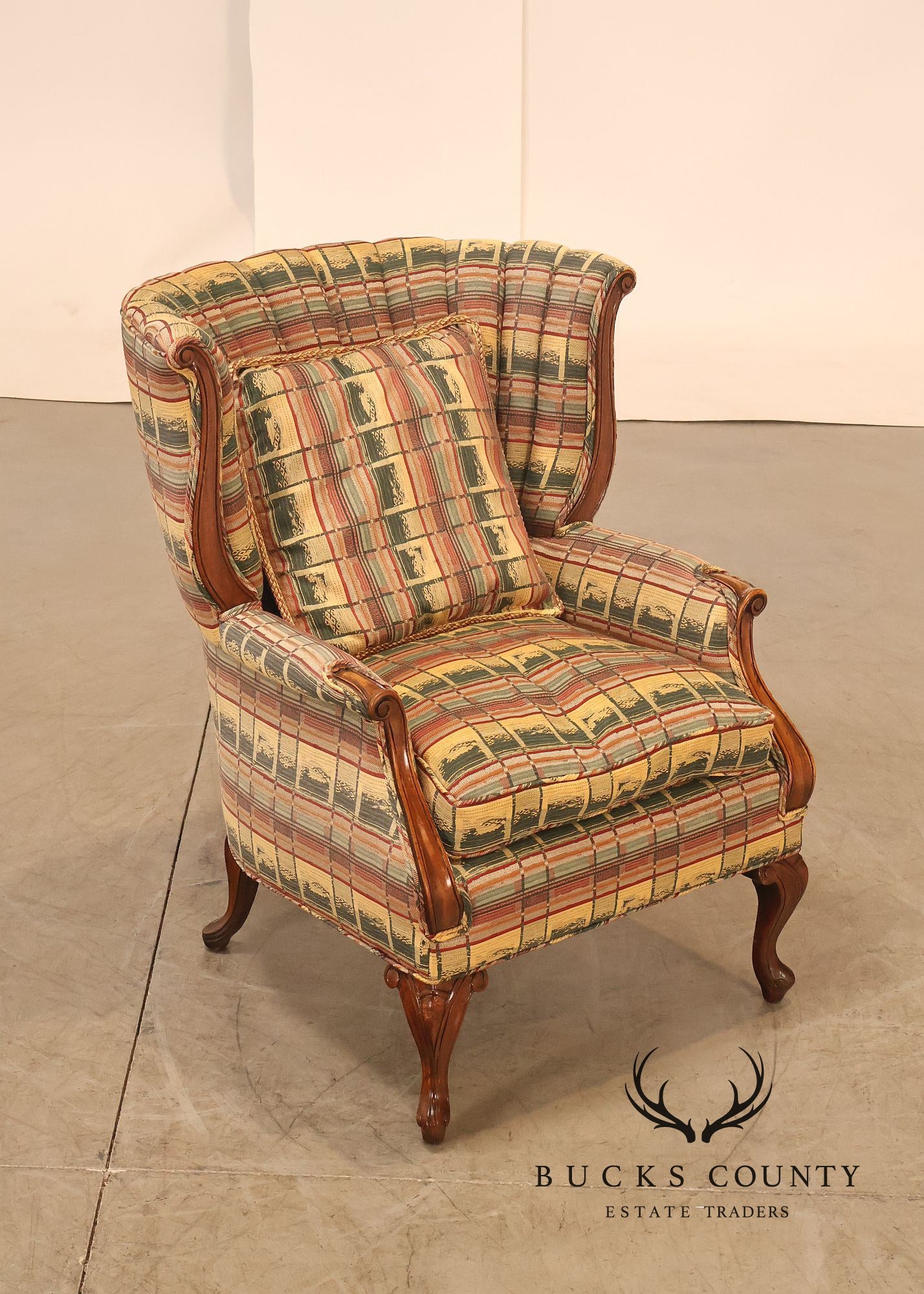 Vintage Channel Back Carved Frame Wingback Armchair