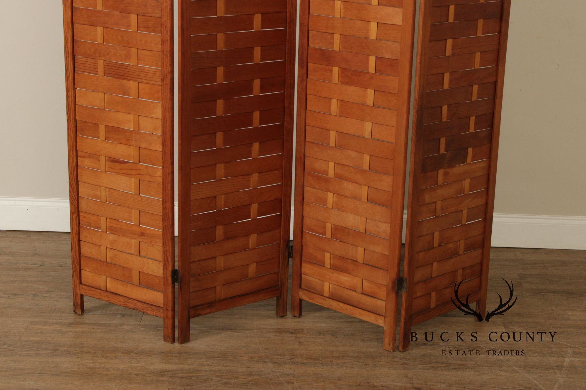 Mid Century Modern Woven Wood Four-Panel Screen