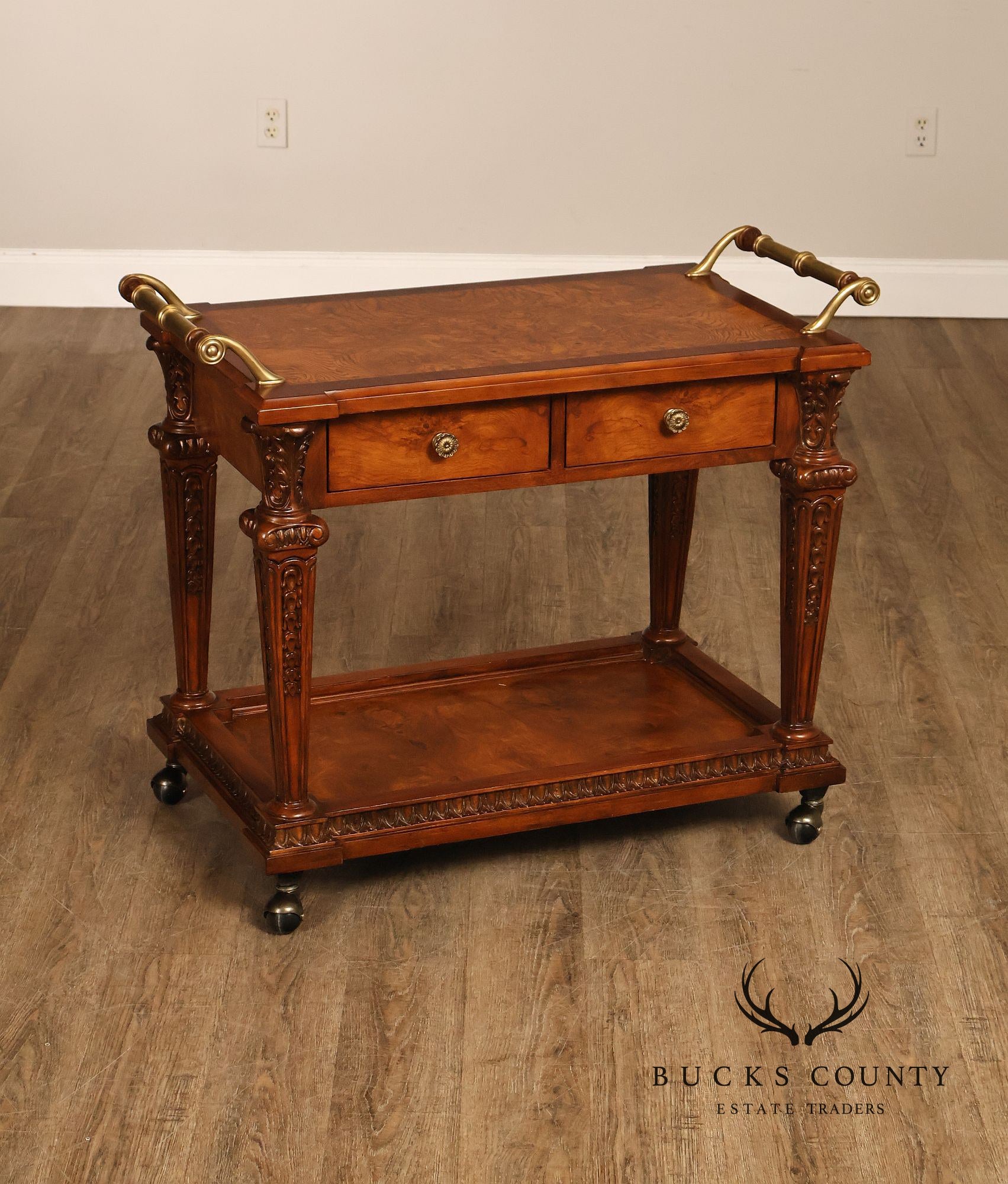 Carved Burl Wood Serving Bar Cart with Drawers and Brass Handles