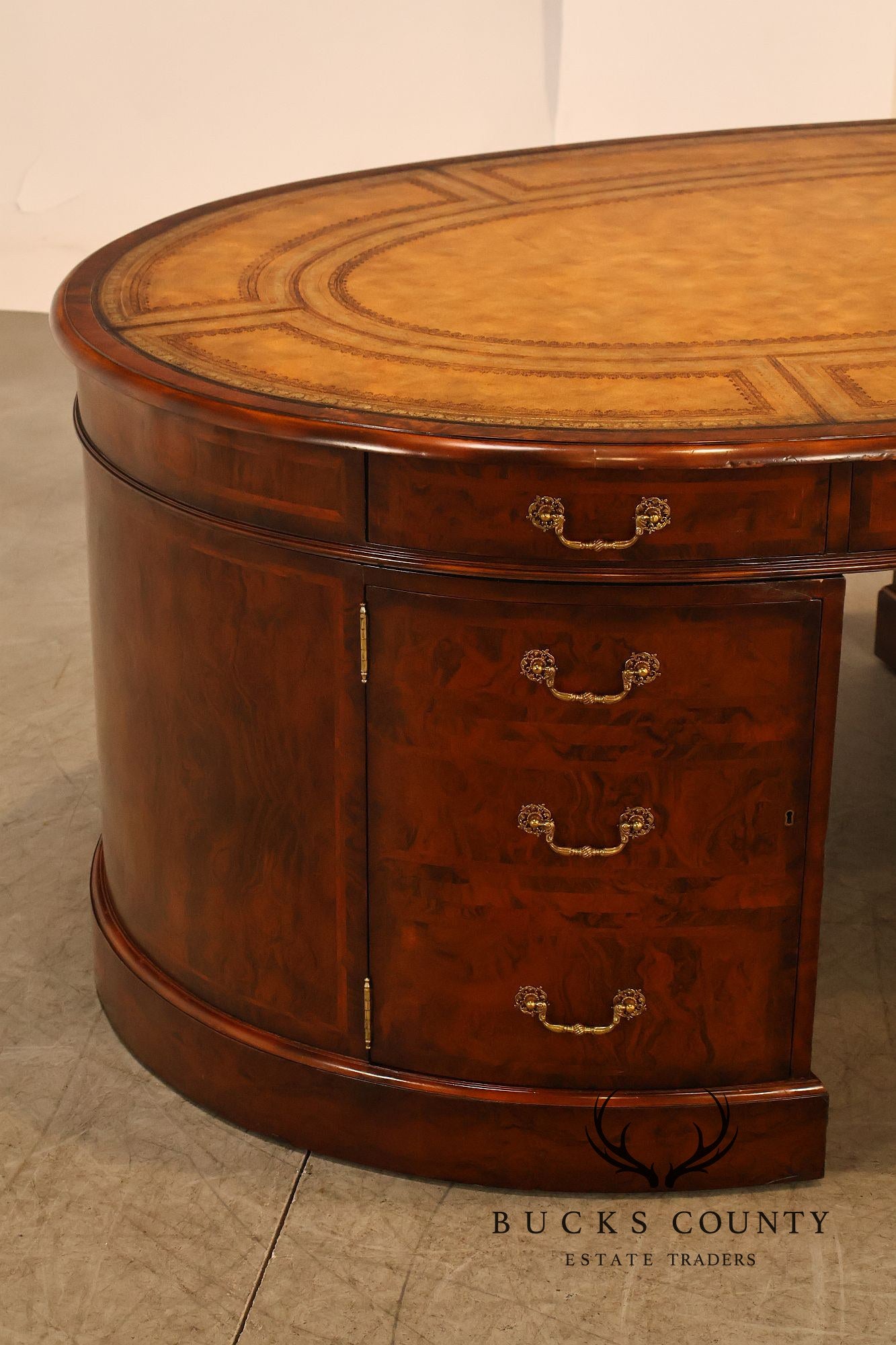 Maitland-Smith Oval Burl Wood Leather Top Partner Desk with Brass Hardware