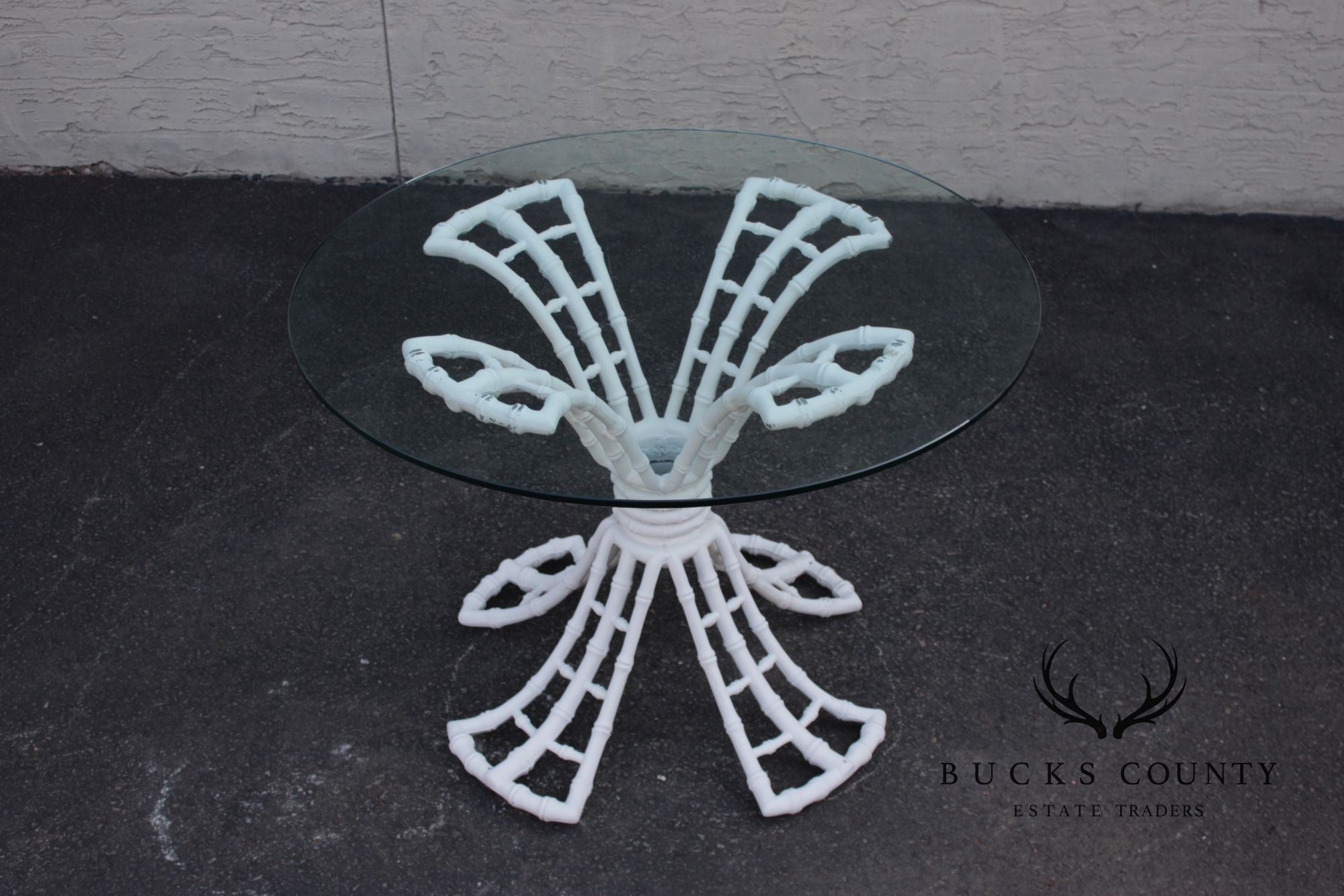 Hollywood Regency Cast Aluminum Faux Bamboo Round Glass Top Patio Table