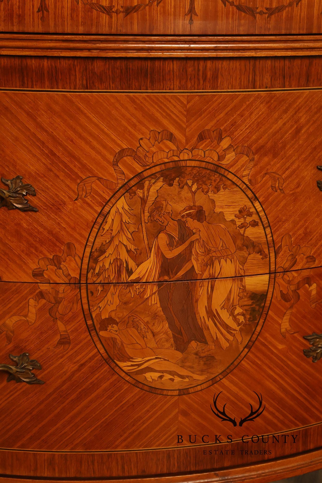 Antique French Louis XVI Neoclassical Inlaid Demilune Marble Top Commode