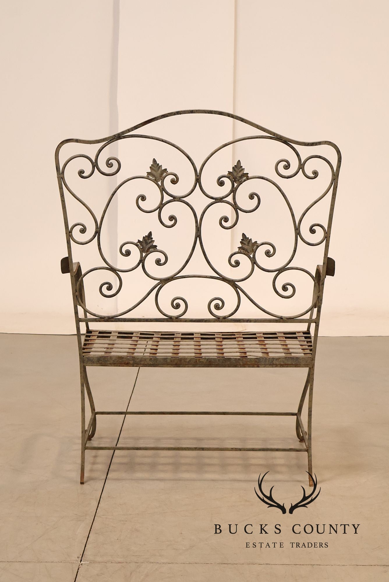 Vintage Wrought Iron Garden Bench With Scrollwork Back