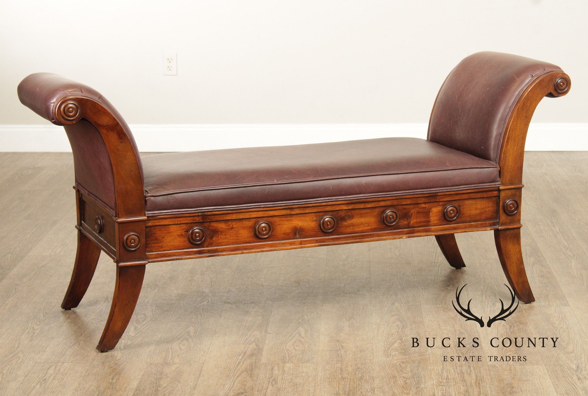 Theodore Alexander Carved Mahogany and Leather Window Bench