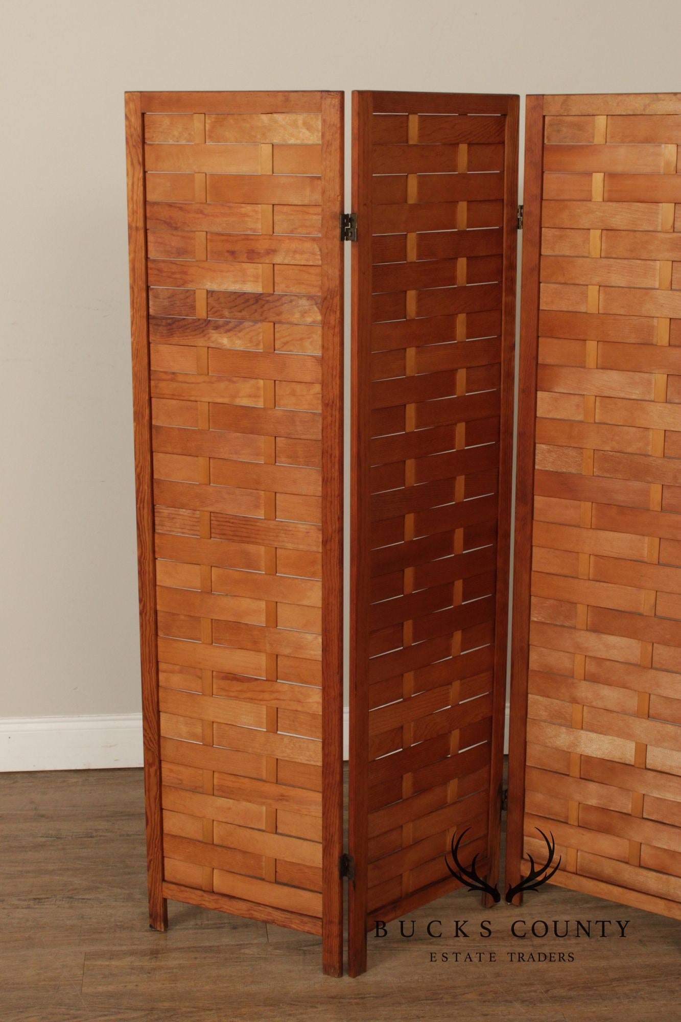 Mid Century Modern Woven Wood Four-Panel Screen
