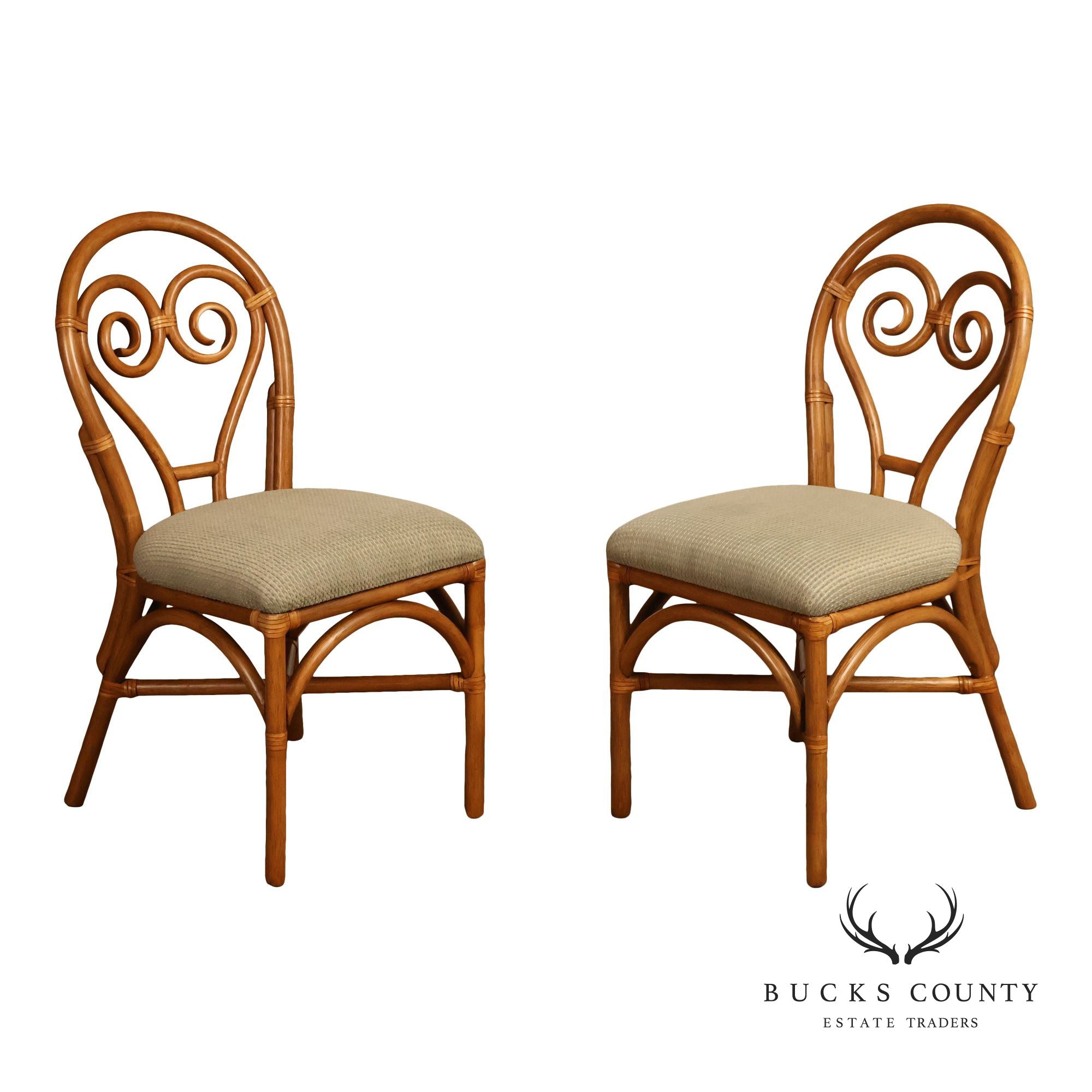 Coastal Style Pair Of Rattan Dining Chairs With Upholstered Seats