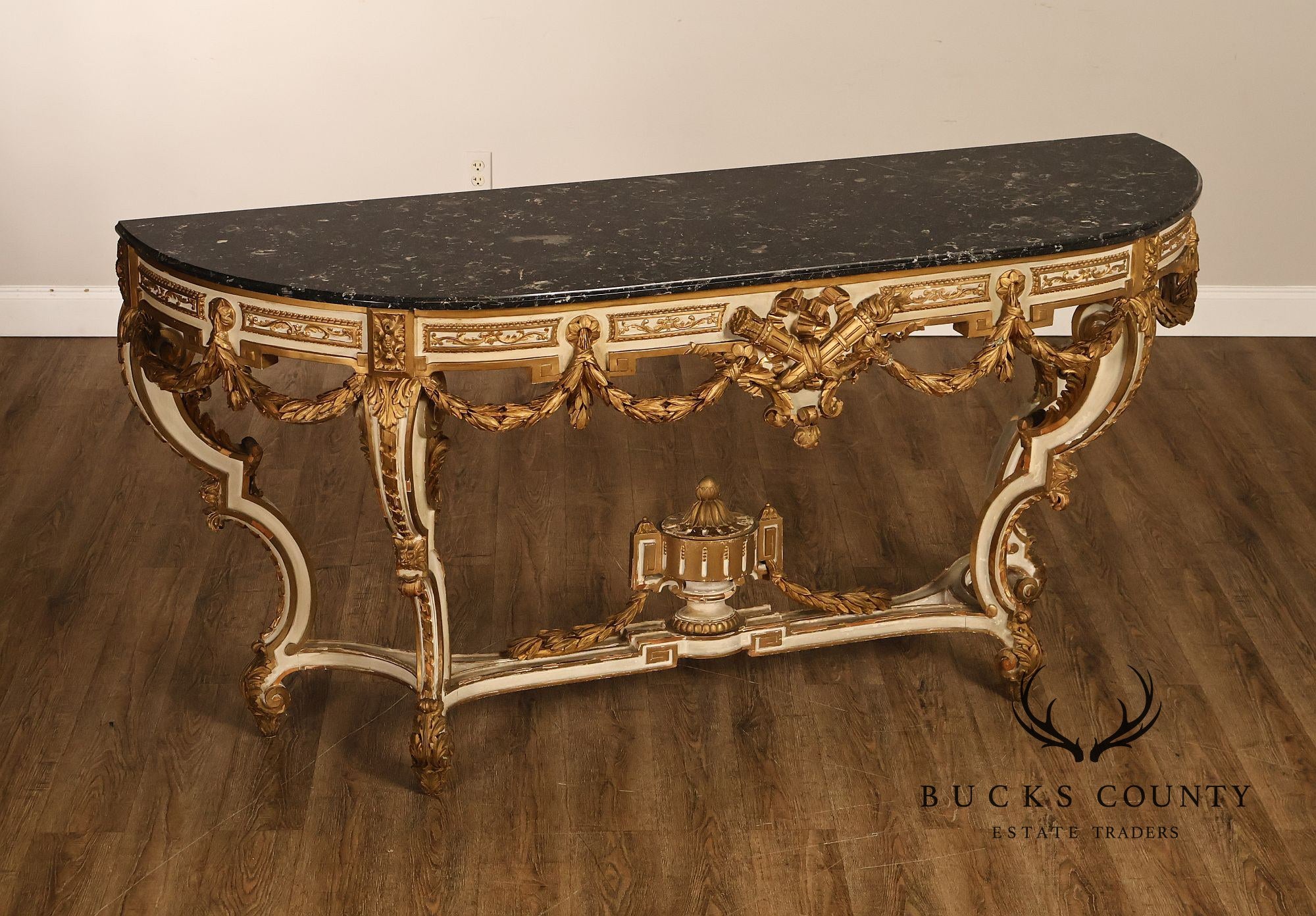Louis XV Style Giltwood And Painted Demilune Marble Top Console Table