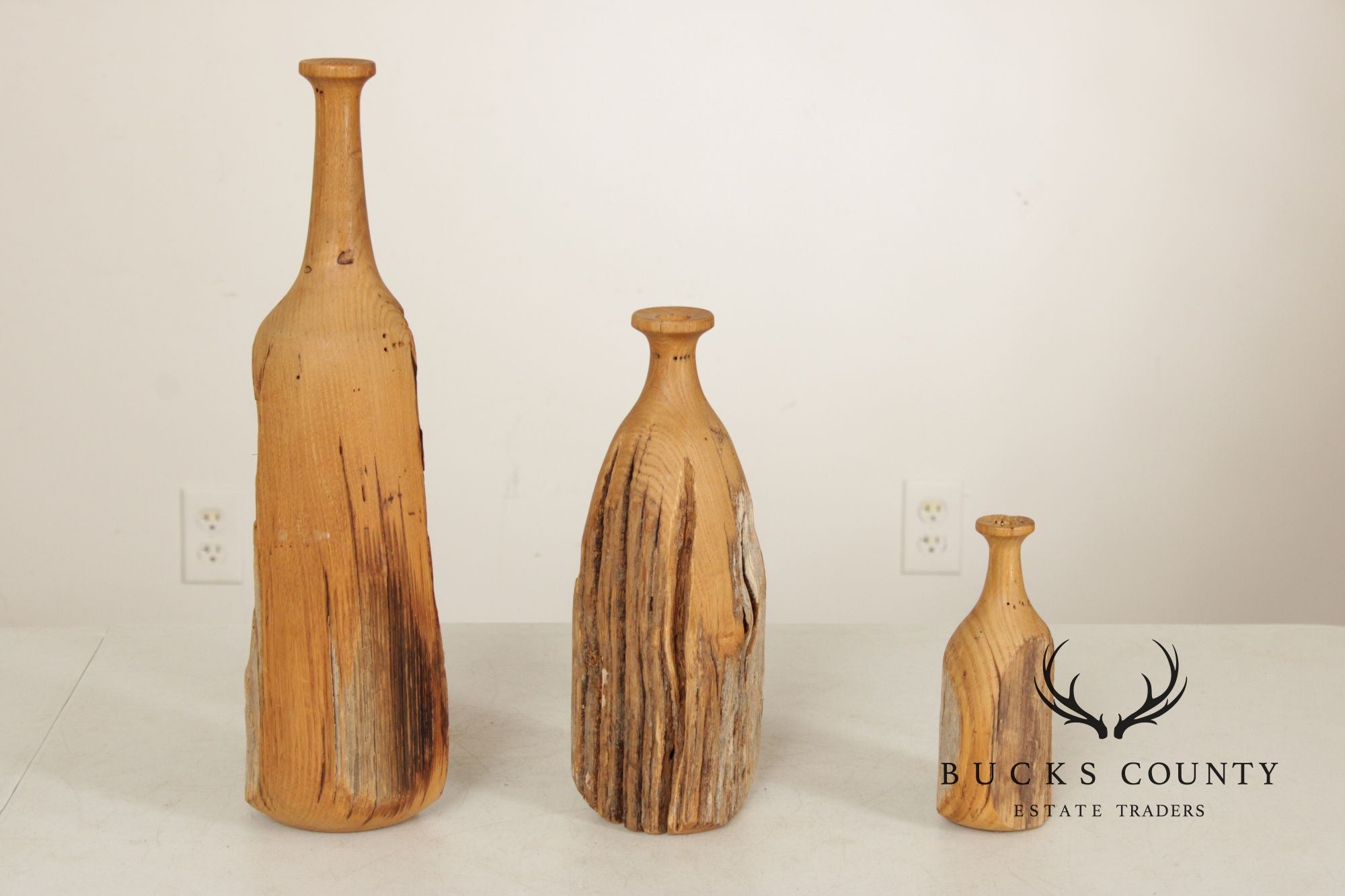 Vintage Set of Three Carved Wood Bottles