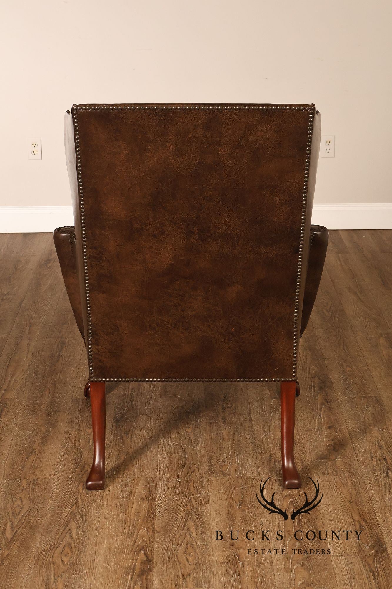 Kittinger Colonial Williamsburg Chippendale Style Pair Leather Wing Chairs