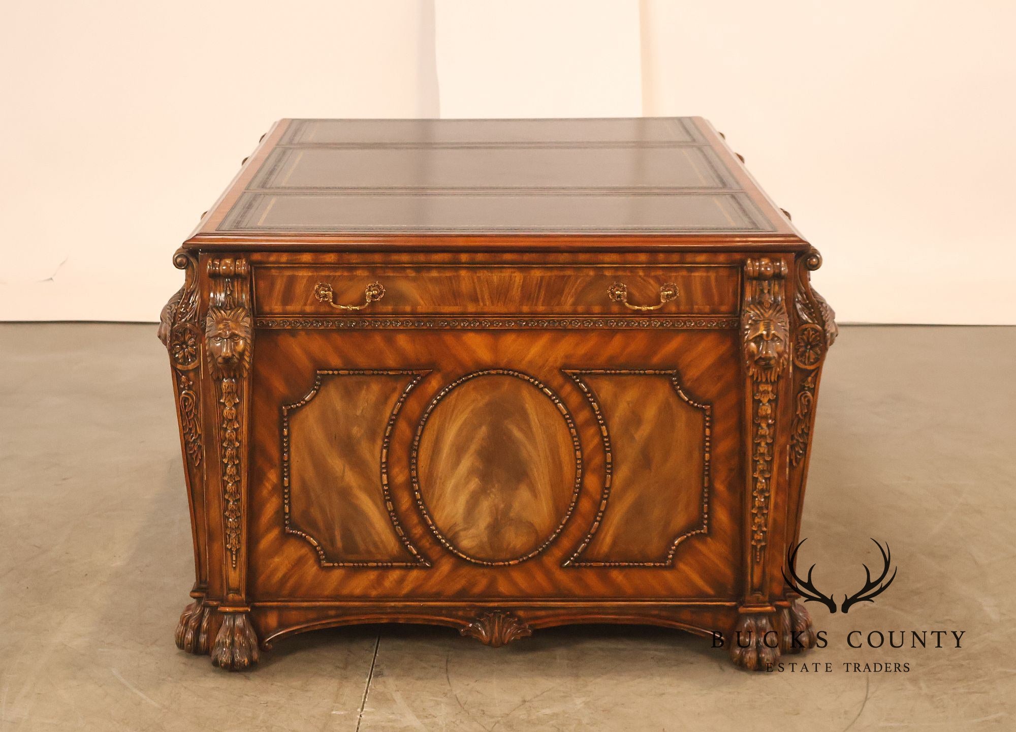 Maitland-Smith Carved Mahogany Leather Top Executive Partner's Desk