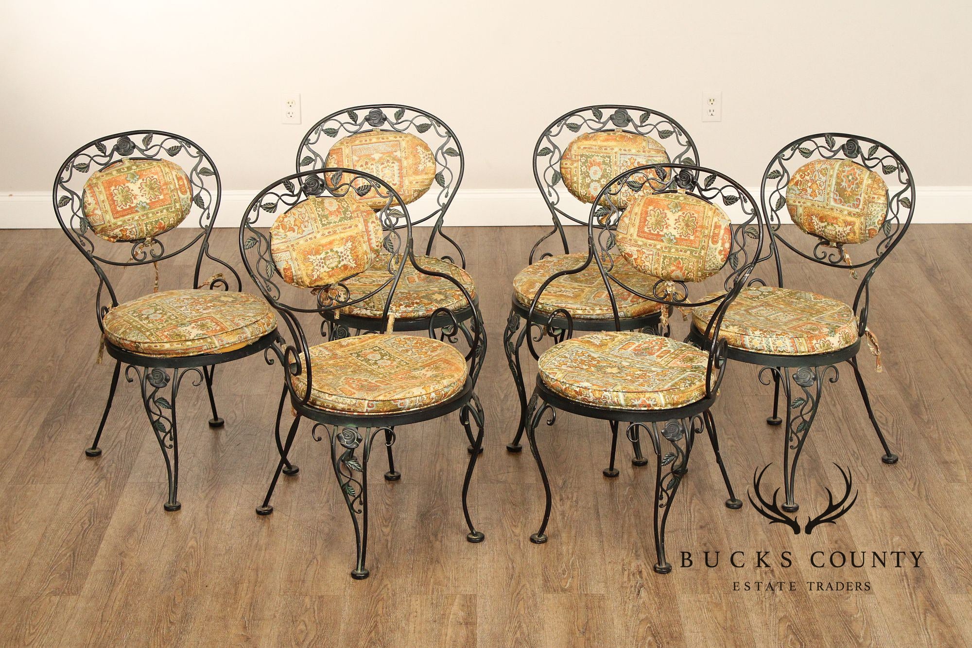 Woodard 'Chantilly Rose' Vintage Set of Six Wrought Iron Dining Chairs