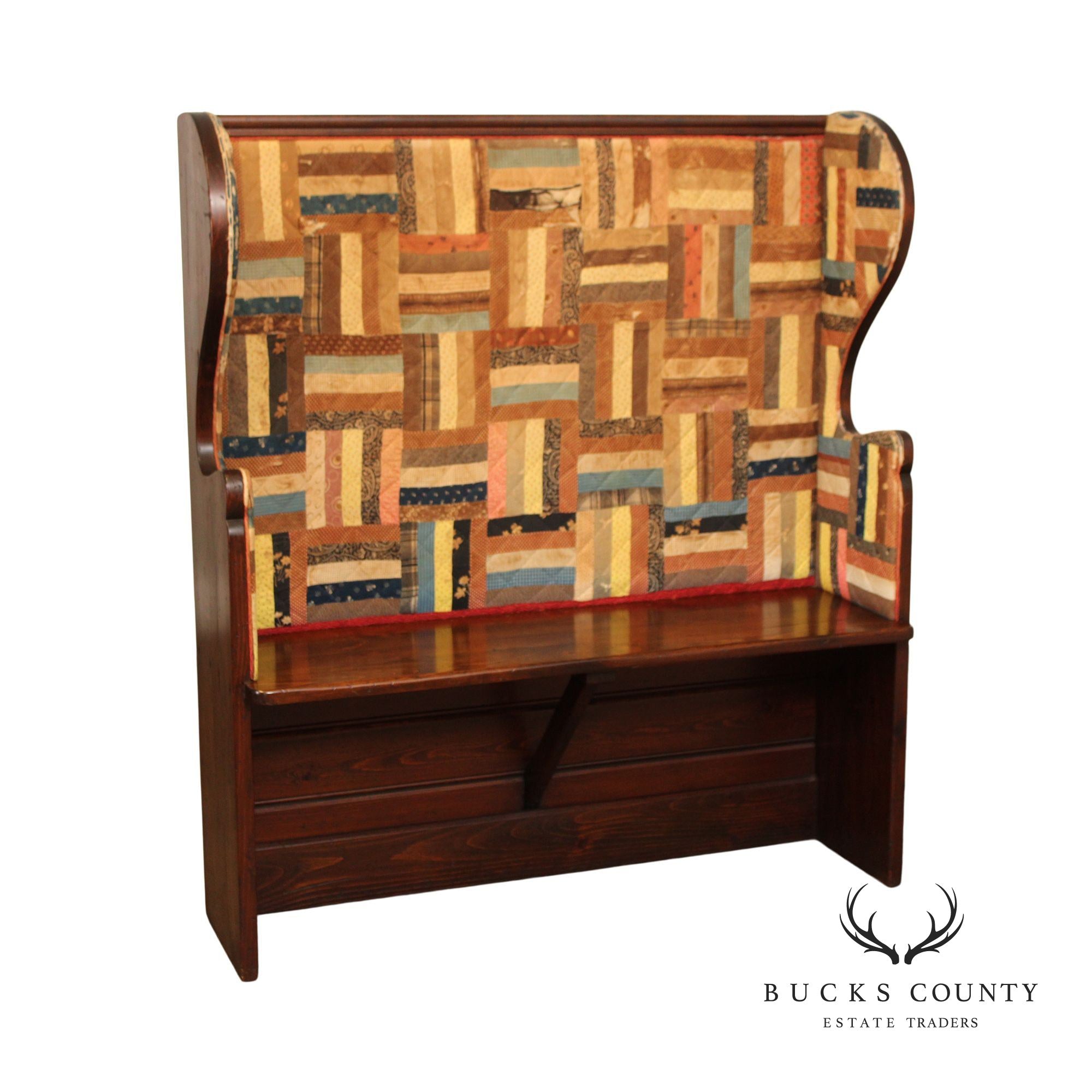 Antique American Quilted Back Pine Settle Bench