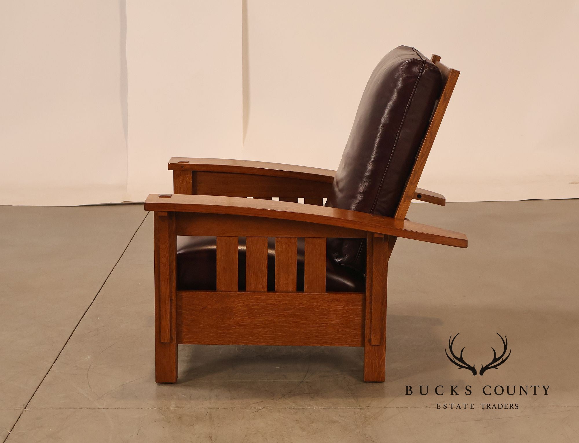 Stickley Mission Collection Pair Of Oak & Leather Bow Arm Morris Chairs