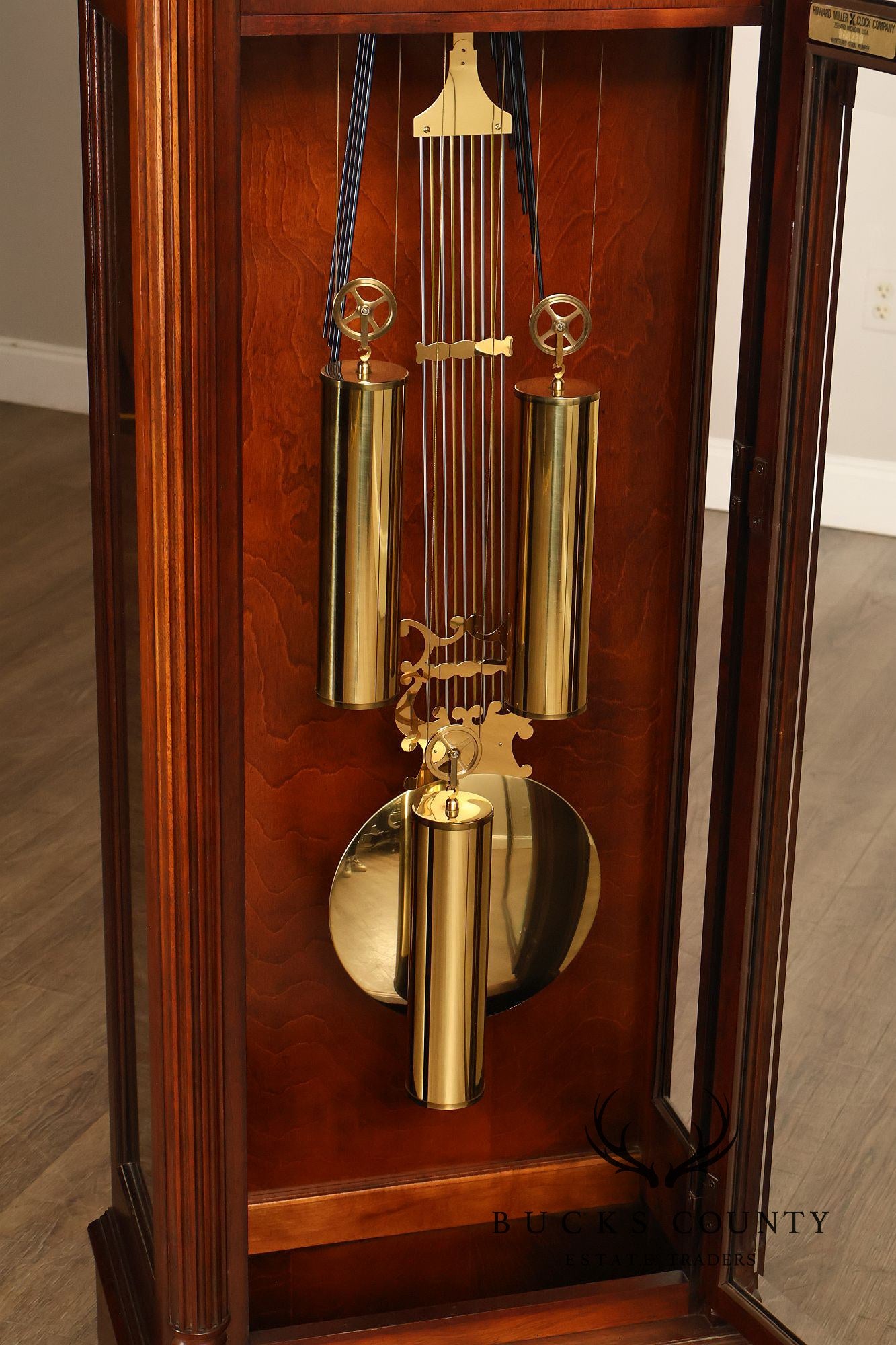 Howard Miller Mahogany Grandfather Clock With Brass Dial And Weights