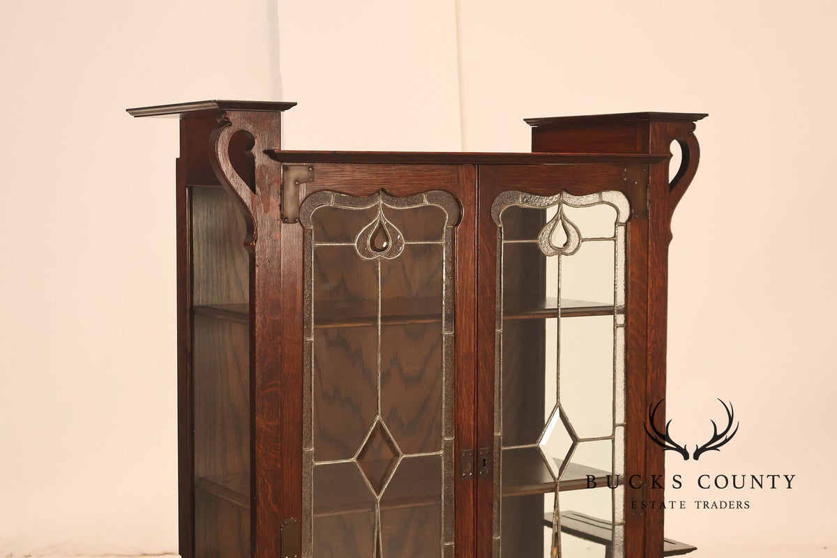 Antique Art Nouveau Leaded Glass Curio Cabinet