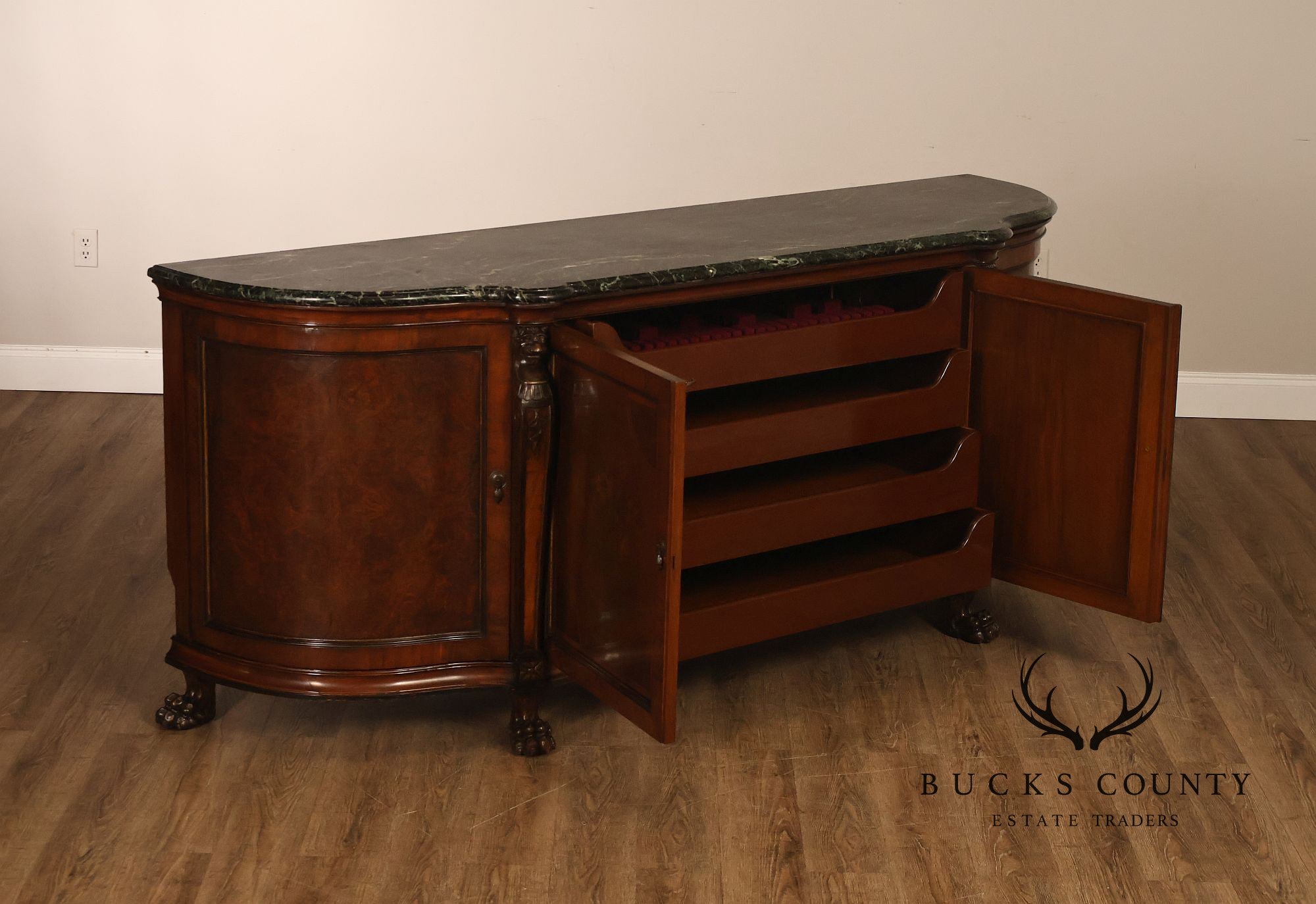 Antique Marble Top Mahogany Inlaid Figural Carved Buffet Sideboard