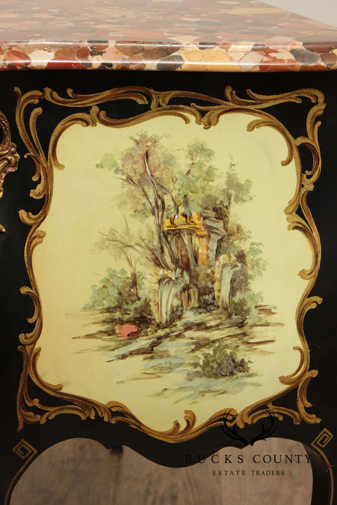 Louis XV Style Hand Painted Marble Top Bombe Commode