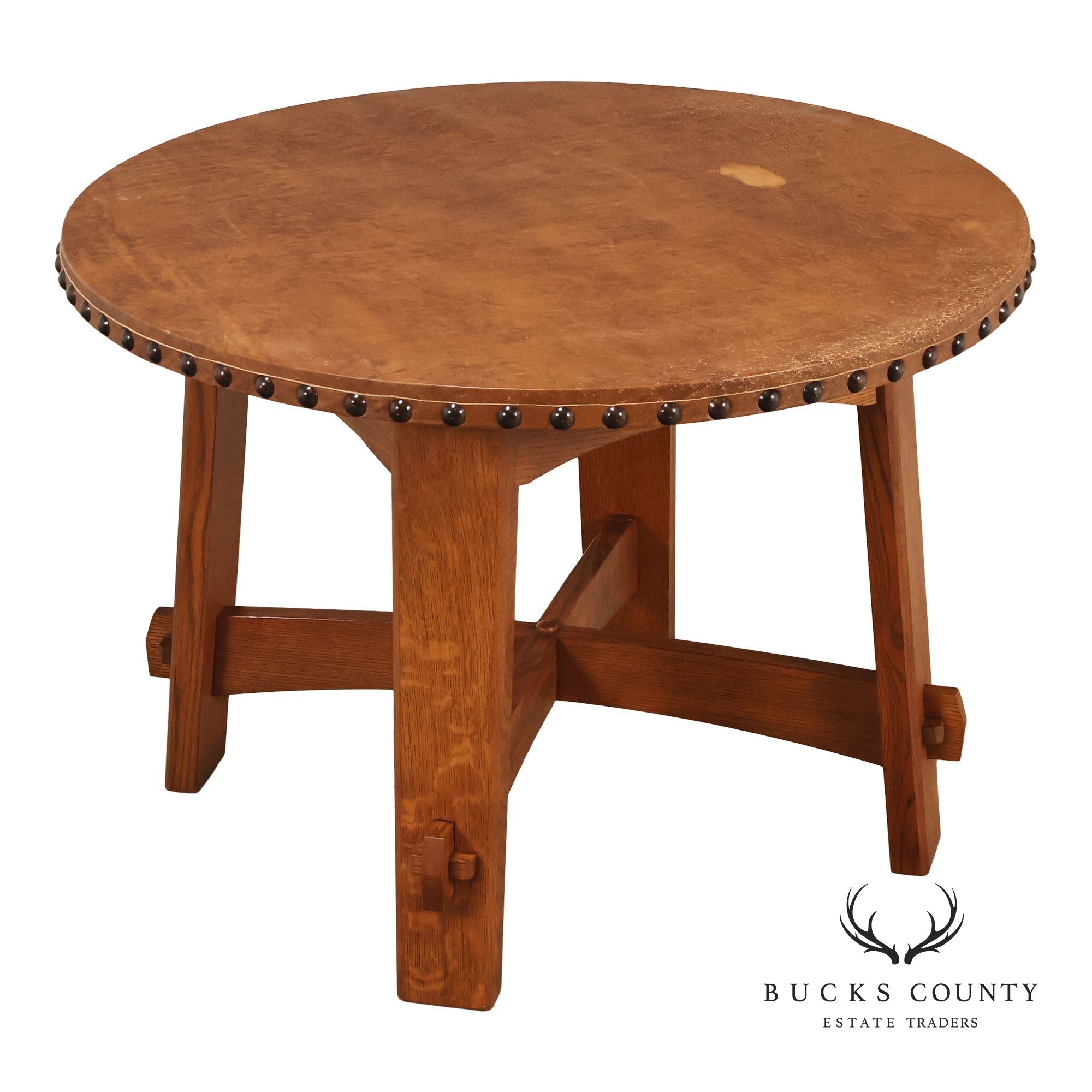 Stickley Commemorative Leather-Top Round Oak Library Table