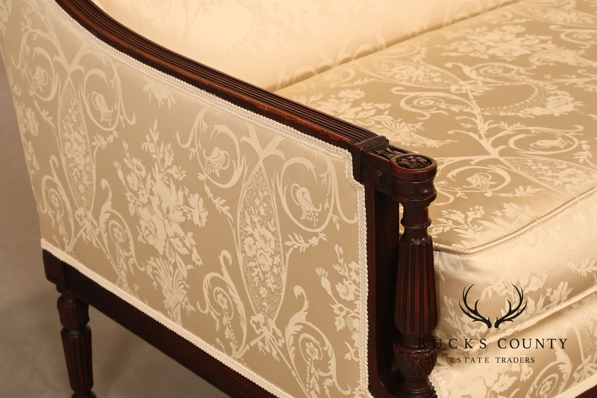 Federal Sheraton Style Upholstered Sofa With Carved Wood Frame