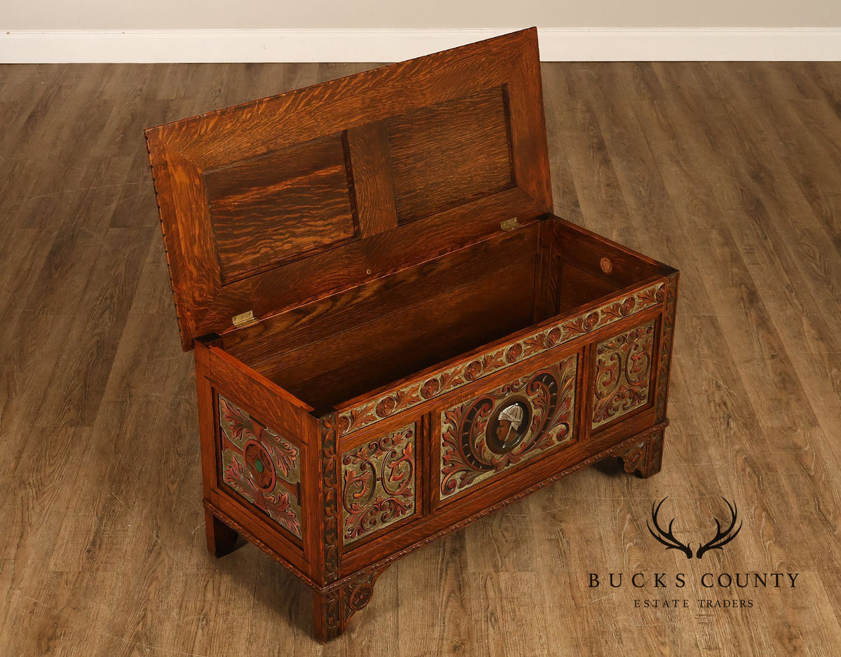 Berkey & Gay Carved And Painted Oak Spanish Revival Storage Chest