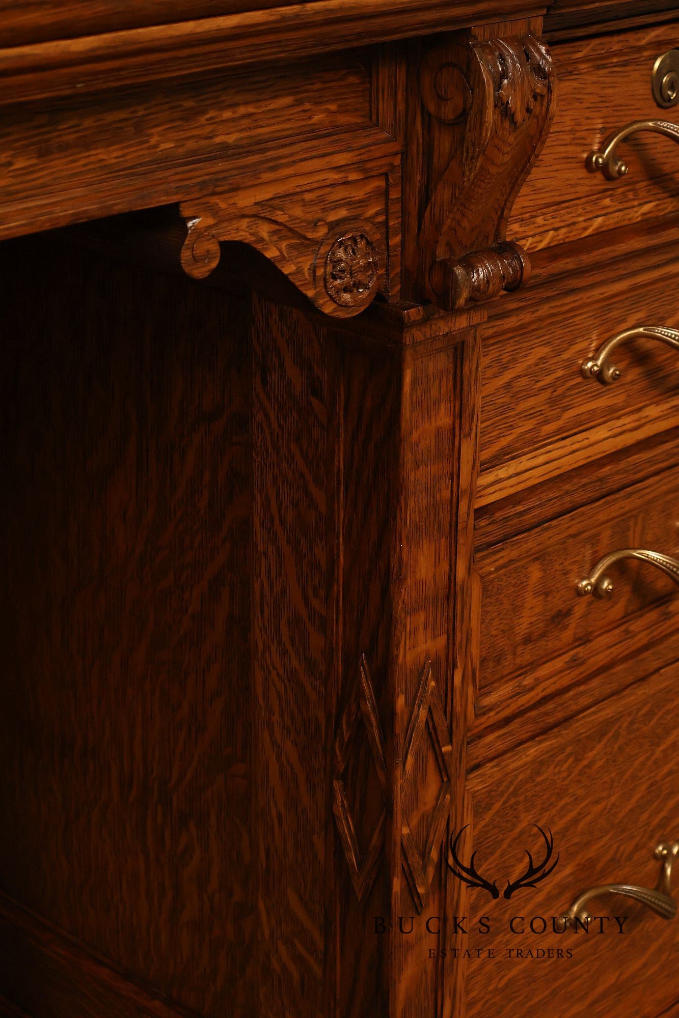 Exceptional Antique Quarter Sawn Oak Roll Top Desk With Carved 'Reading Hardware Co." Crest Panel