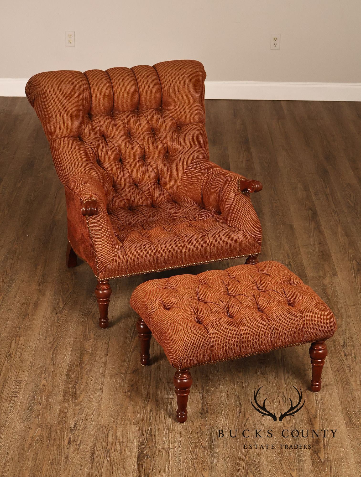 Stickley Leopold Wingback Upholstered Tufted Chair And Ottoman