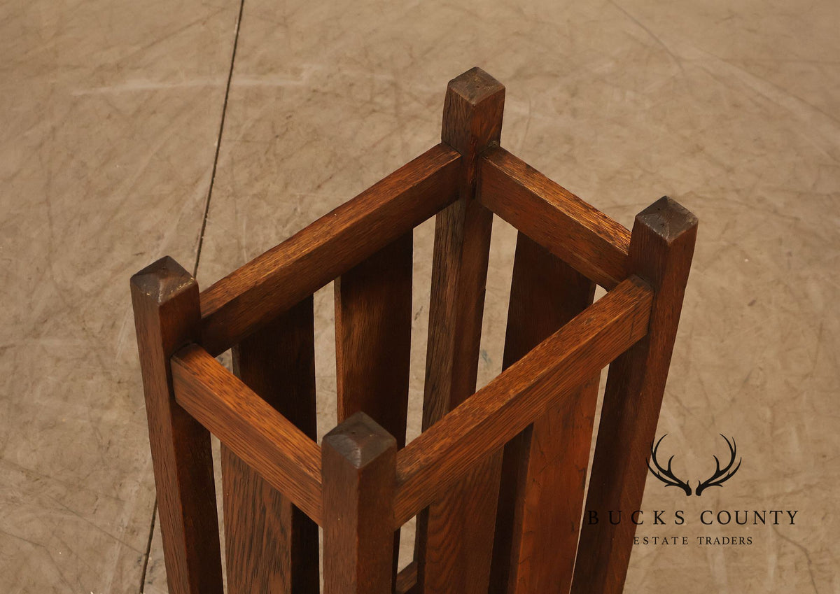 Antique Arts And Crafts Mission Oak Umbrella Stand With Drip Pan