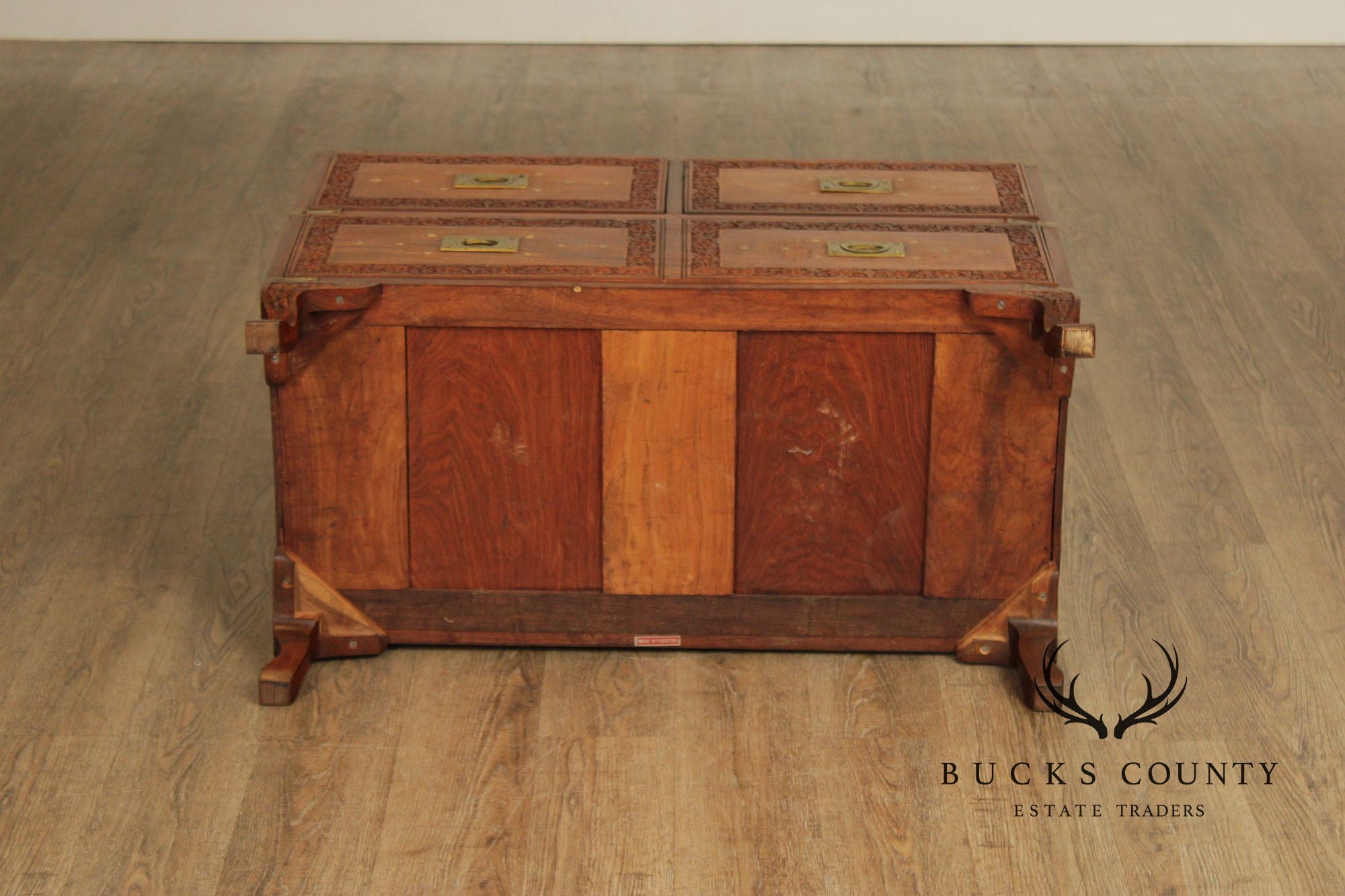 Brass Inlaid And Carved Teak Four Drawer Campaign Chest